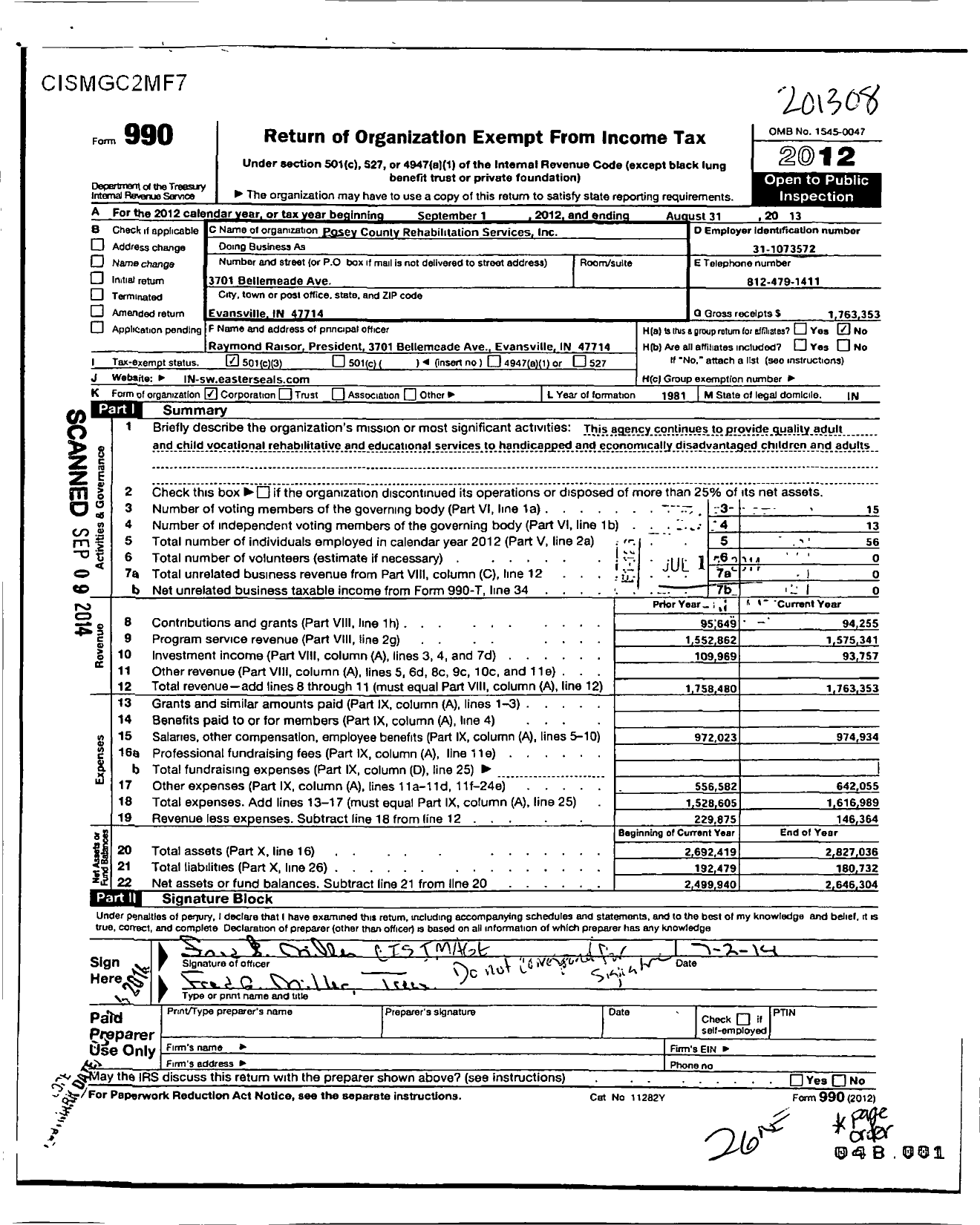 Image of first page of 2012 Form 990 for Posey County Rehabilitation Services