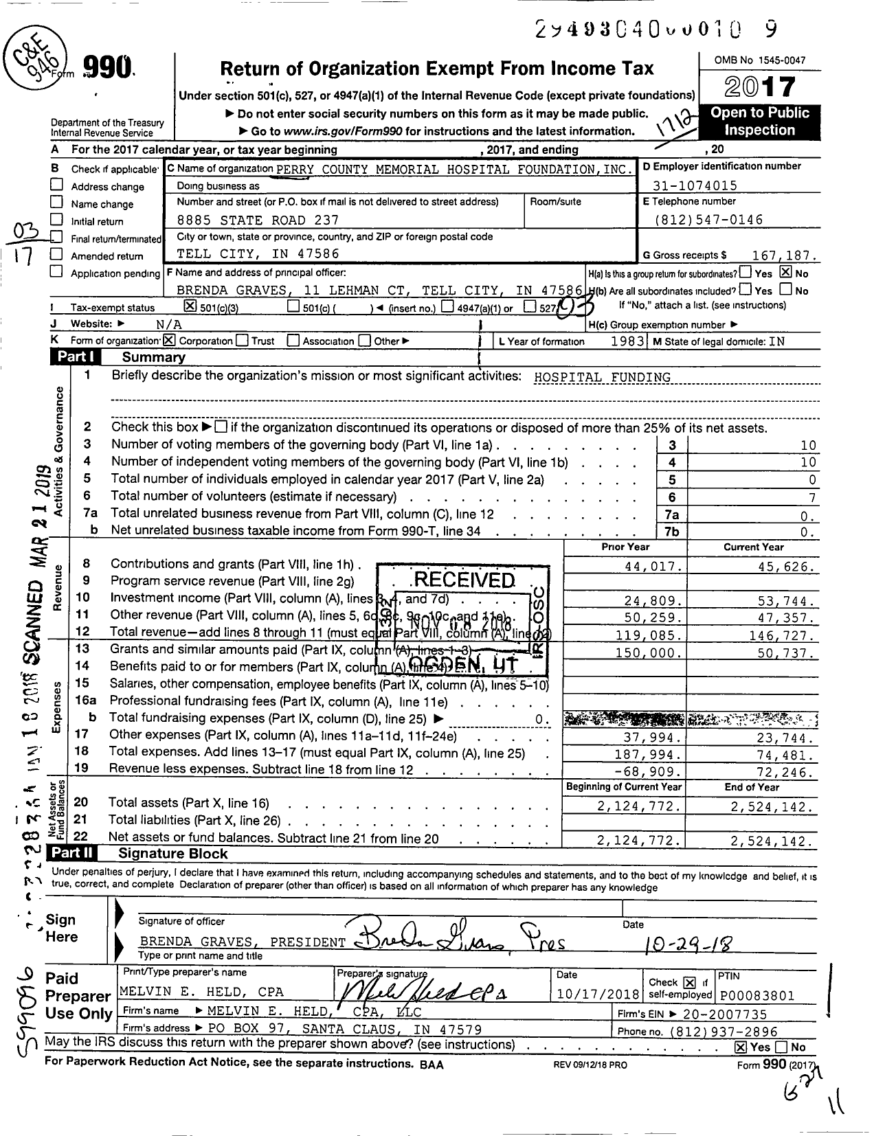 Image of first page of 2017 Form 990 for Perry County Memorial Hospital Foundation