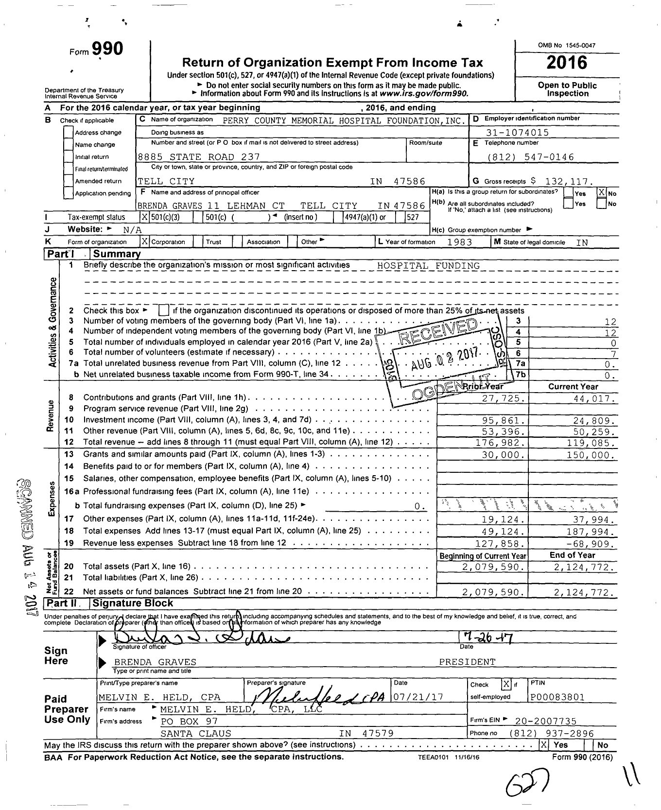 Image of first page of 2016 Form 990 for Perry County Memorial Hospital Foundation