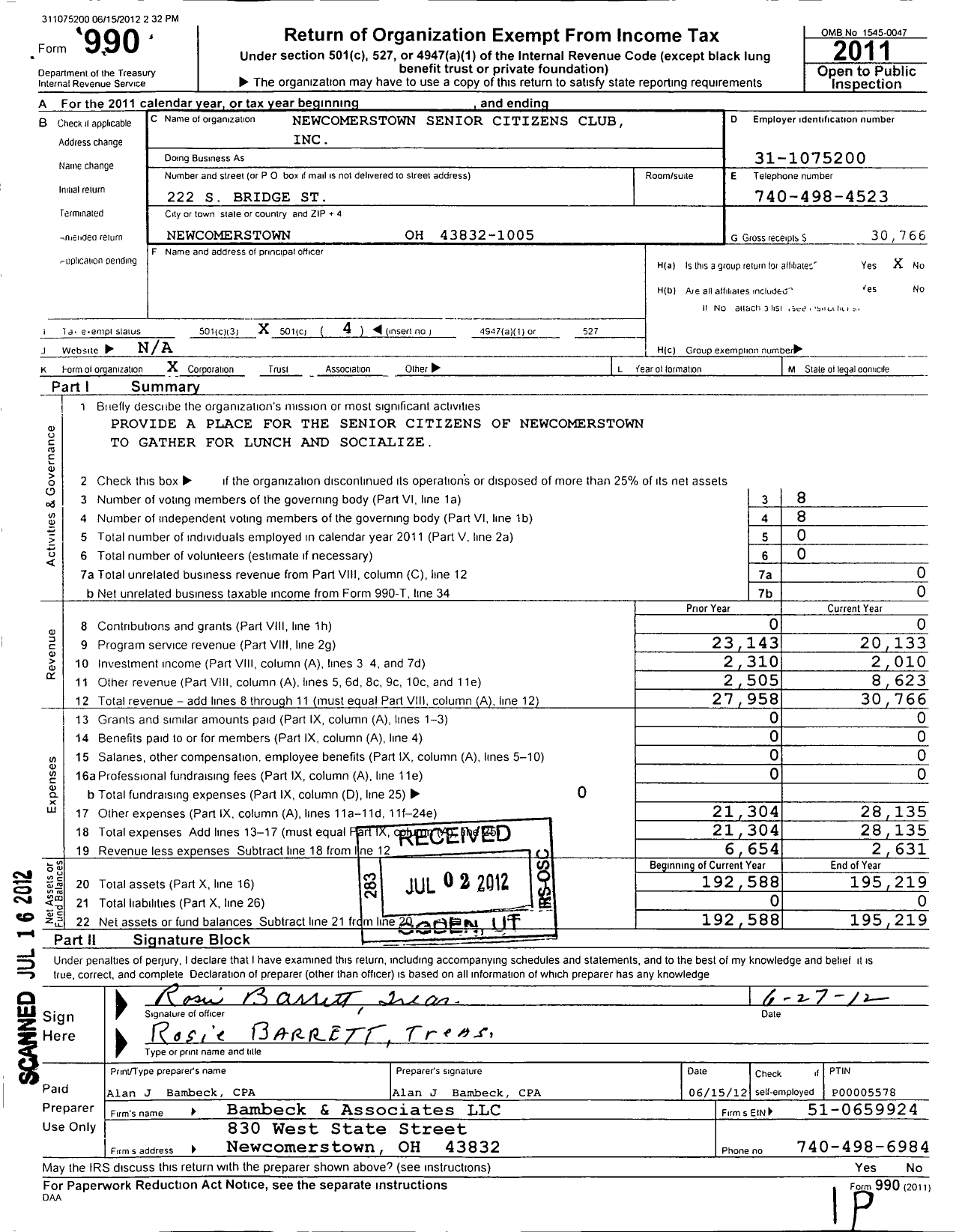 Image of first page of 2011 Form 990O for Newcomerstown Senior Citizens Club