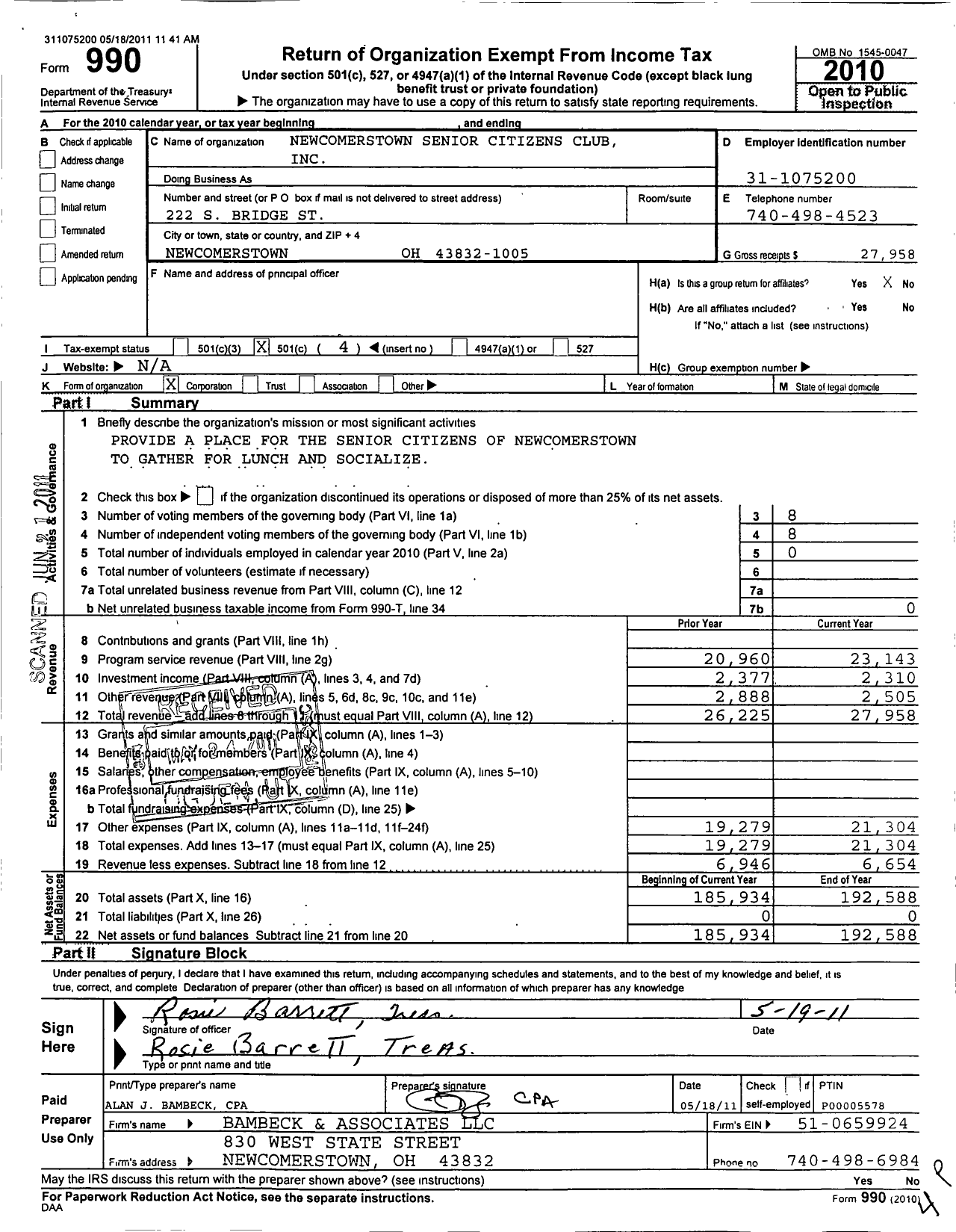 Image of first page of 2010 Form 990O for Newcomerstown Senior Citizens Club