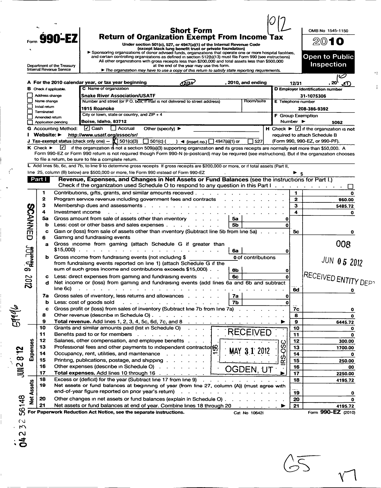 Image of first page of 2010 Form 990EZ for USA Track and Field / Usatf Snake River