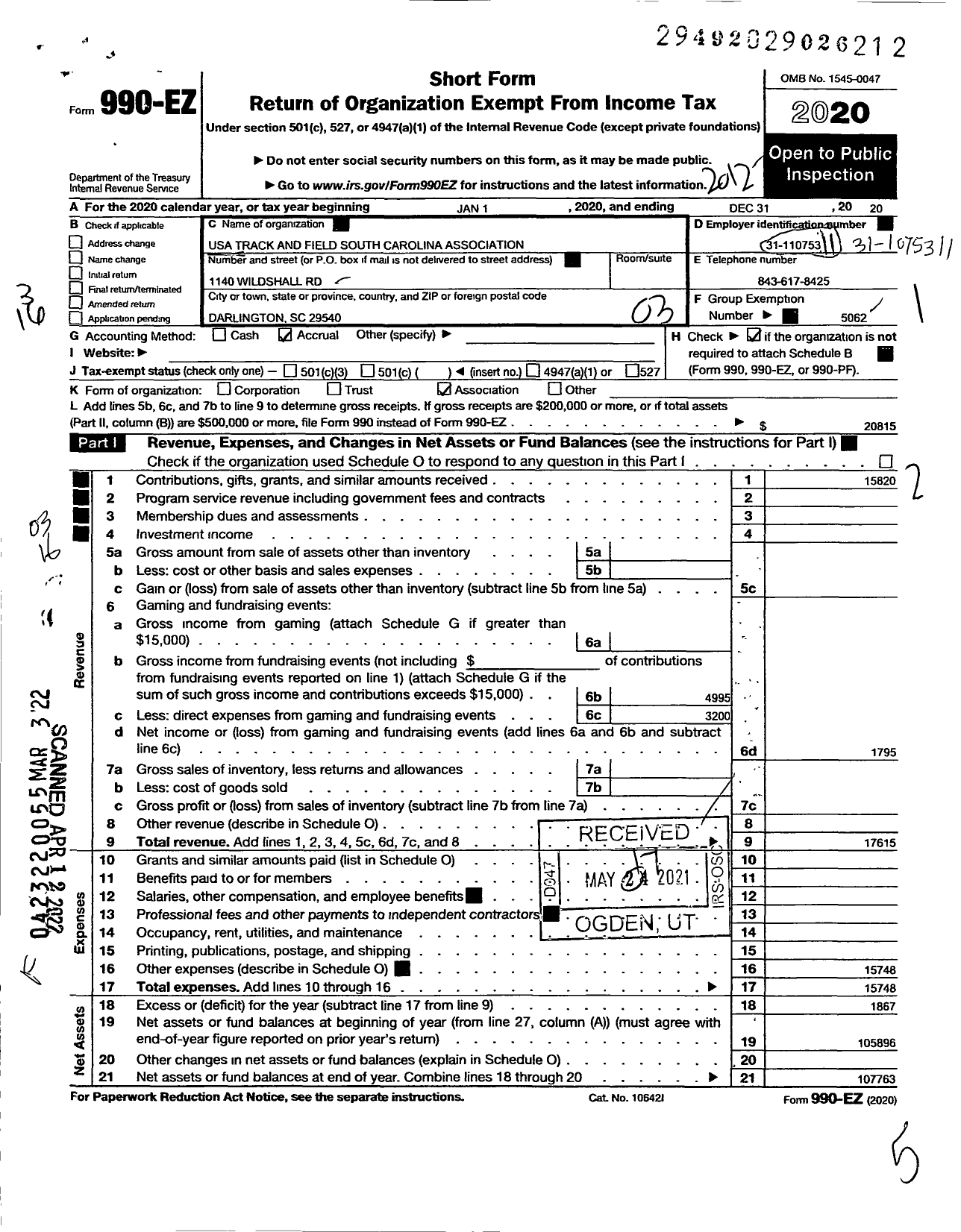 Image of first page of 2020 Form 990EZ for USA Track and Field South Carolina Association