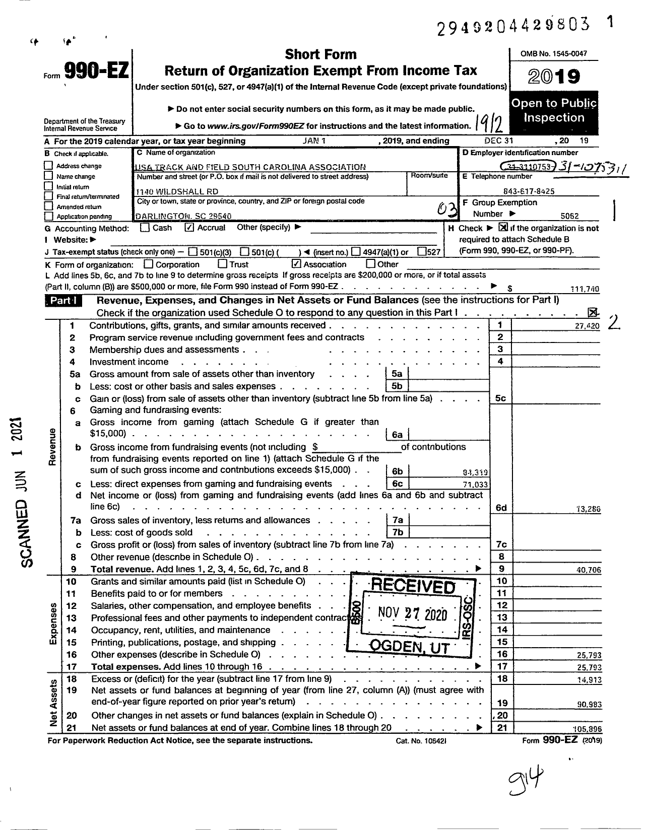 Image of first page of 2019 Form 990EZ for USA Track and Field South Carolina Associtation