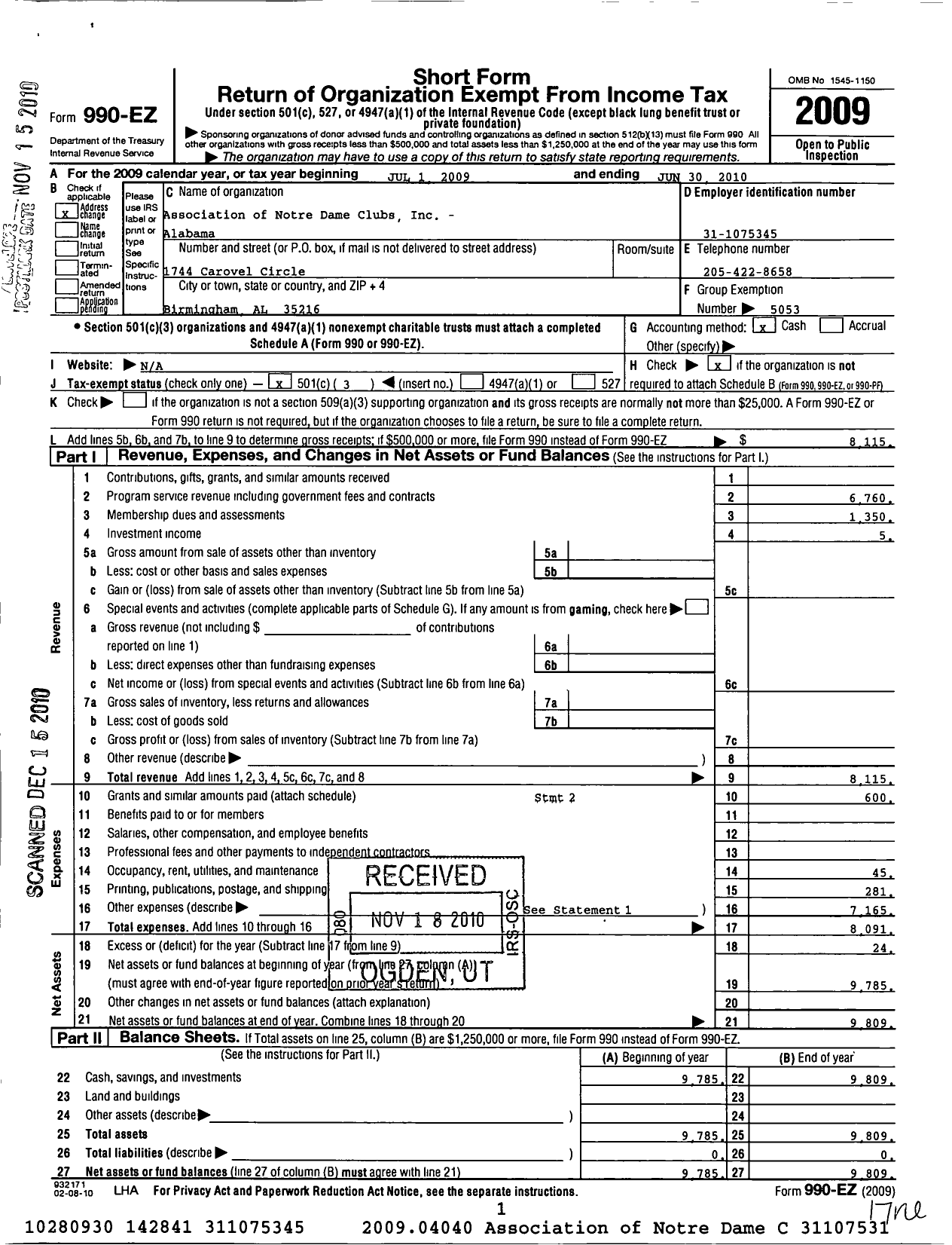 Image of first page of 2009 Form 990EZ for Association of Notre Dame Clubs Inc - Alabama