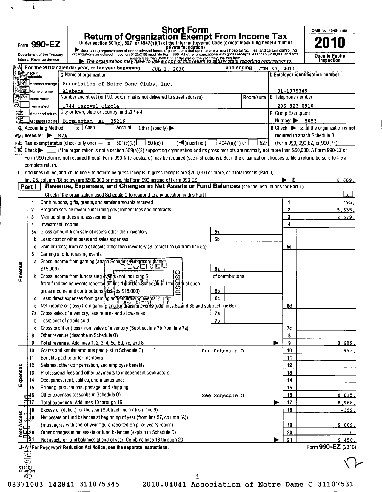 Image of first page of 2010 Form 990EZ for Association of Notre Dame Clubs Inc - Alabama