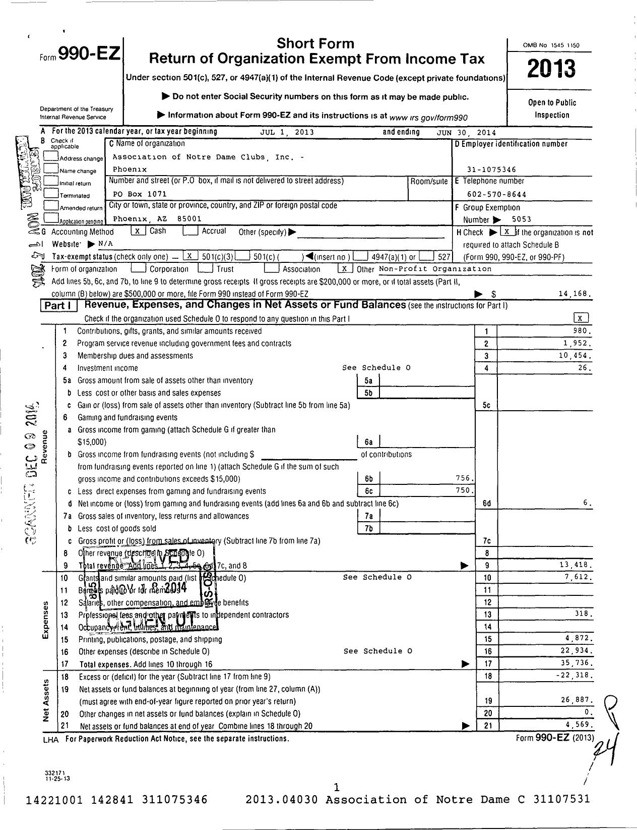 Image of first page of 2013 Form 990EZ for Association of Notre Dame Clubs Inc - Phoenix