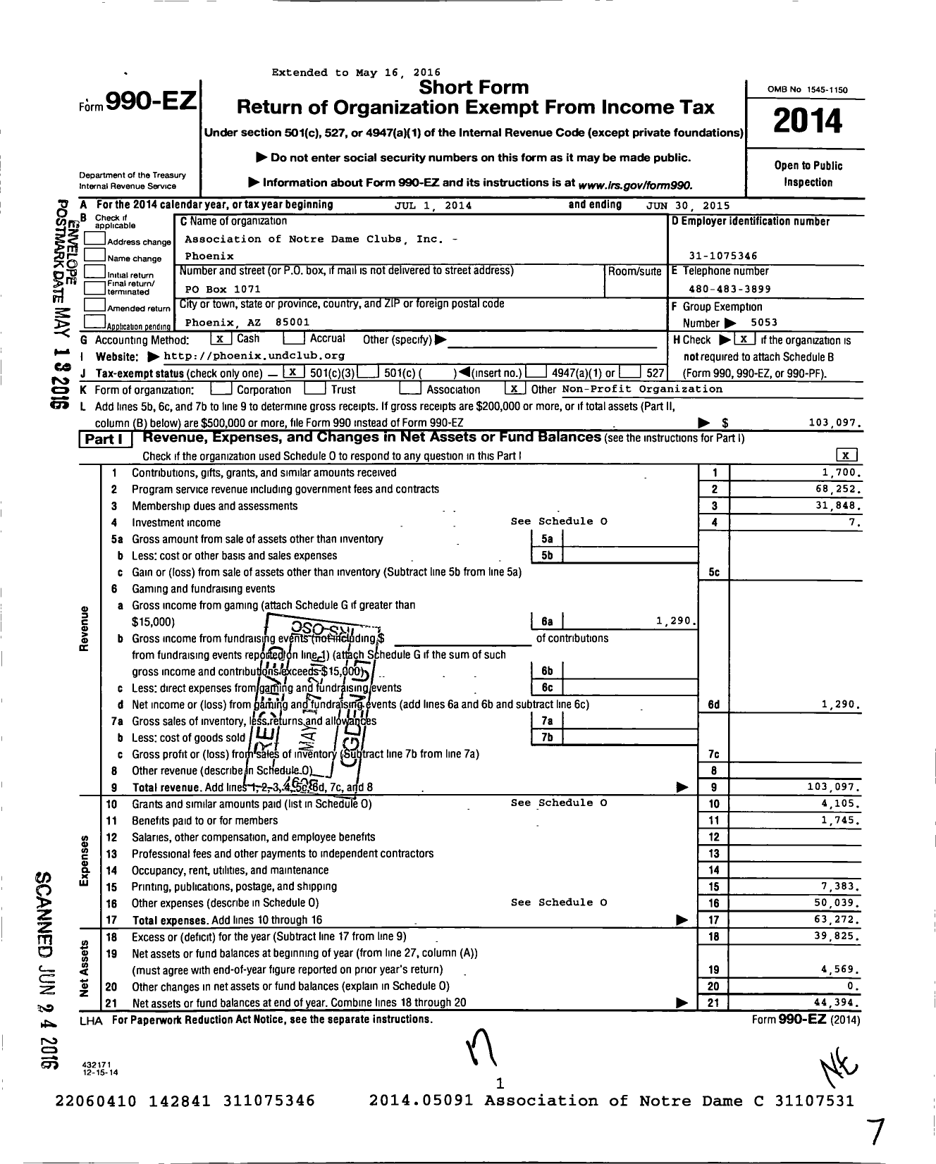 Image of first page of 2014 Form 990EZ for Association of Notre Dame Clubs Inc - Phoenix