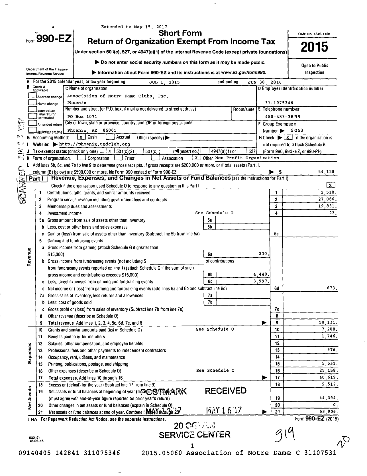 Image of first page of 2015 Form 990EZ for Association of Notre Dame Clubs Inc - Phoenix