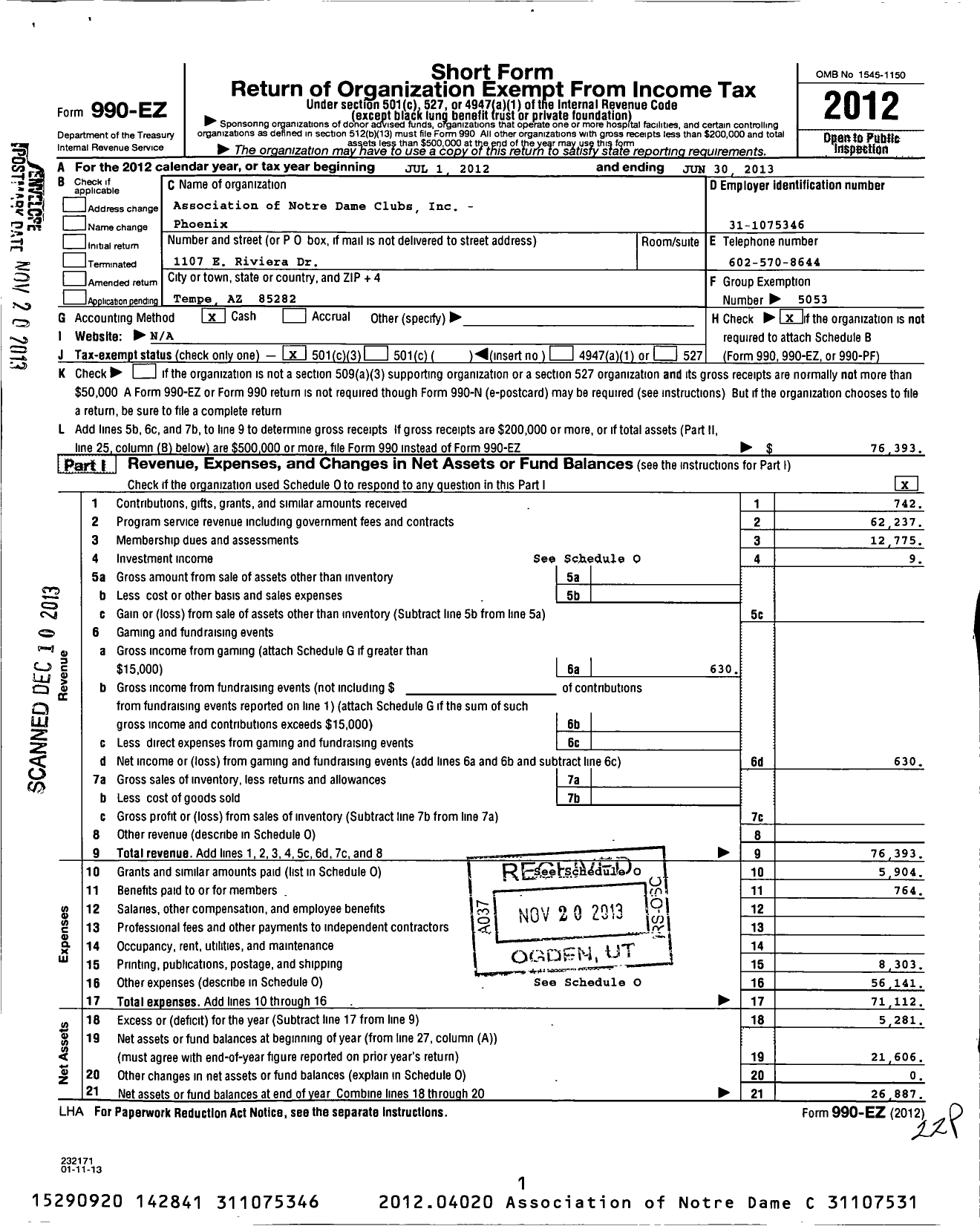 Image of first page of 2012 Form 990EZ for Association of Notre Dame Clubs Inc - Phoenix