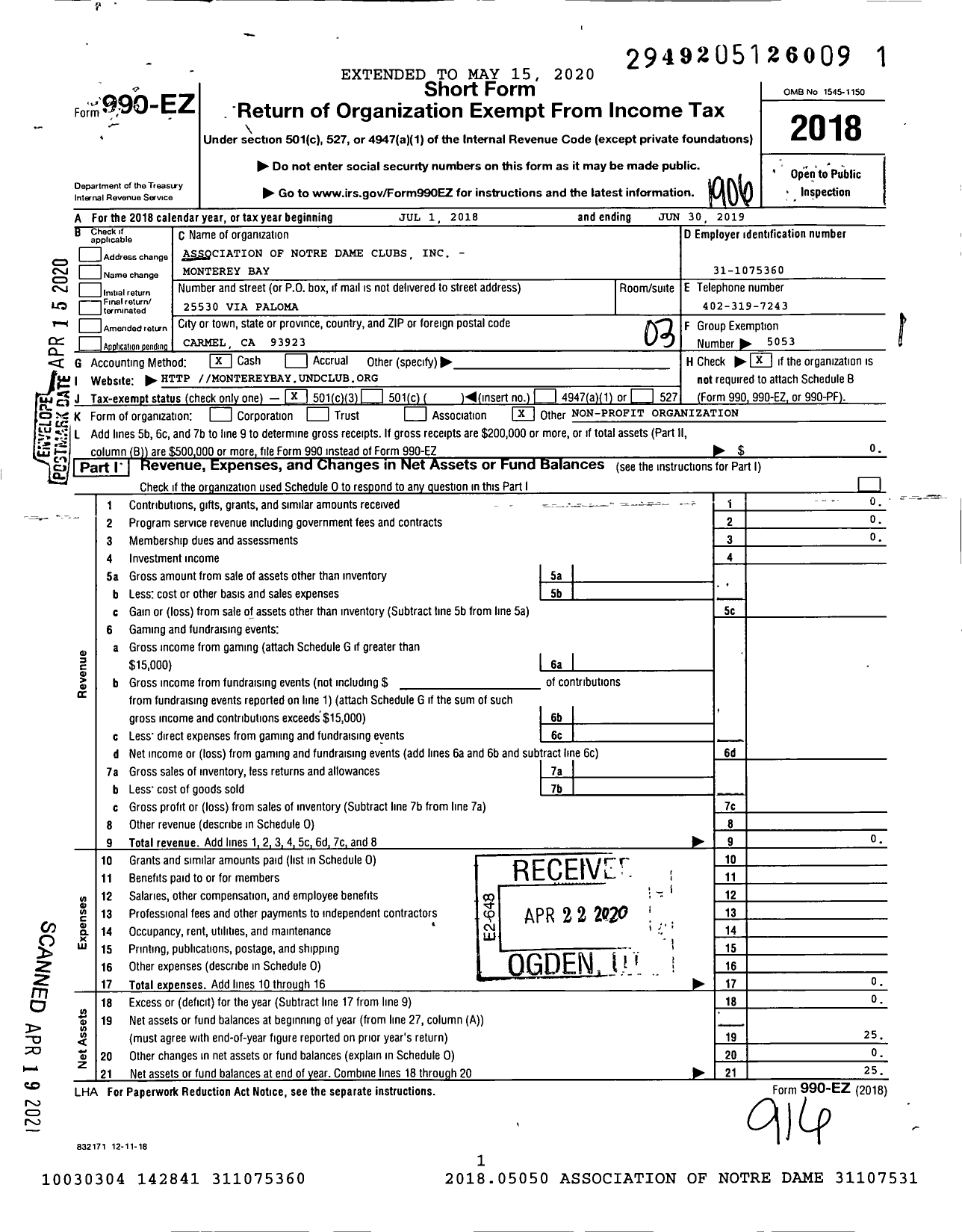 Image of first page of 2018 Form 990EZ for Association of Notre Dame Clubs - Monterey Bay