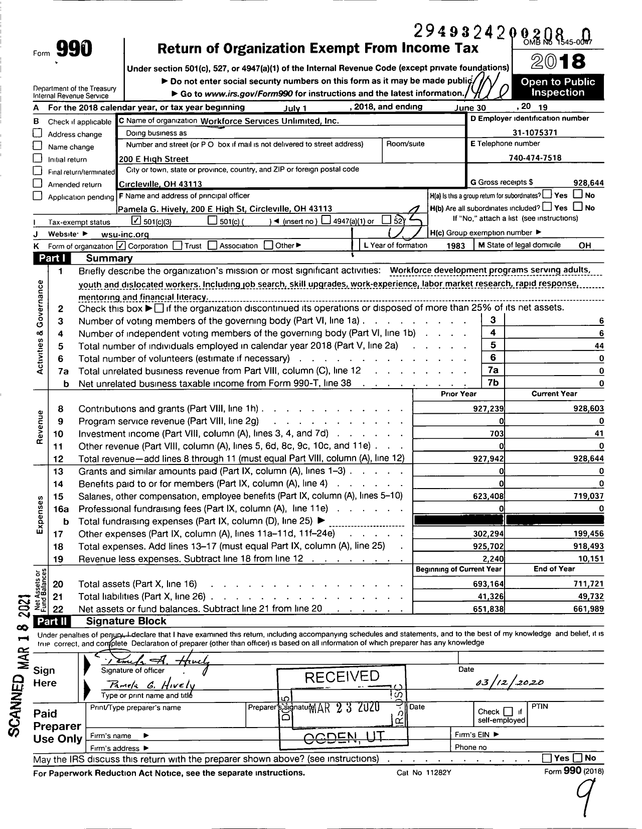 Image of first page of 2018 Form 990 for Workforce Services Unlimited