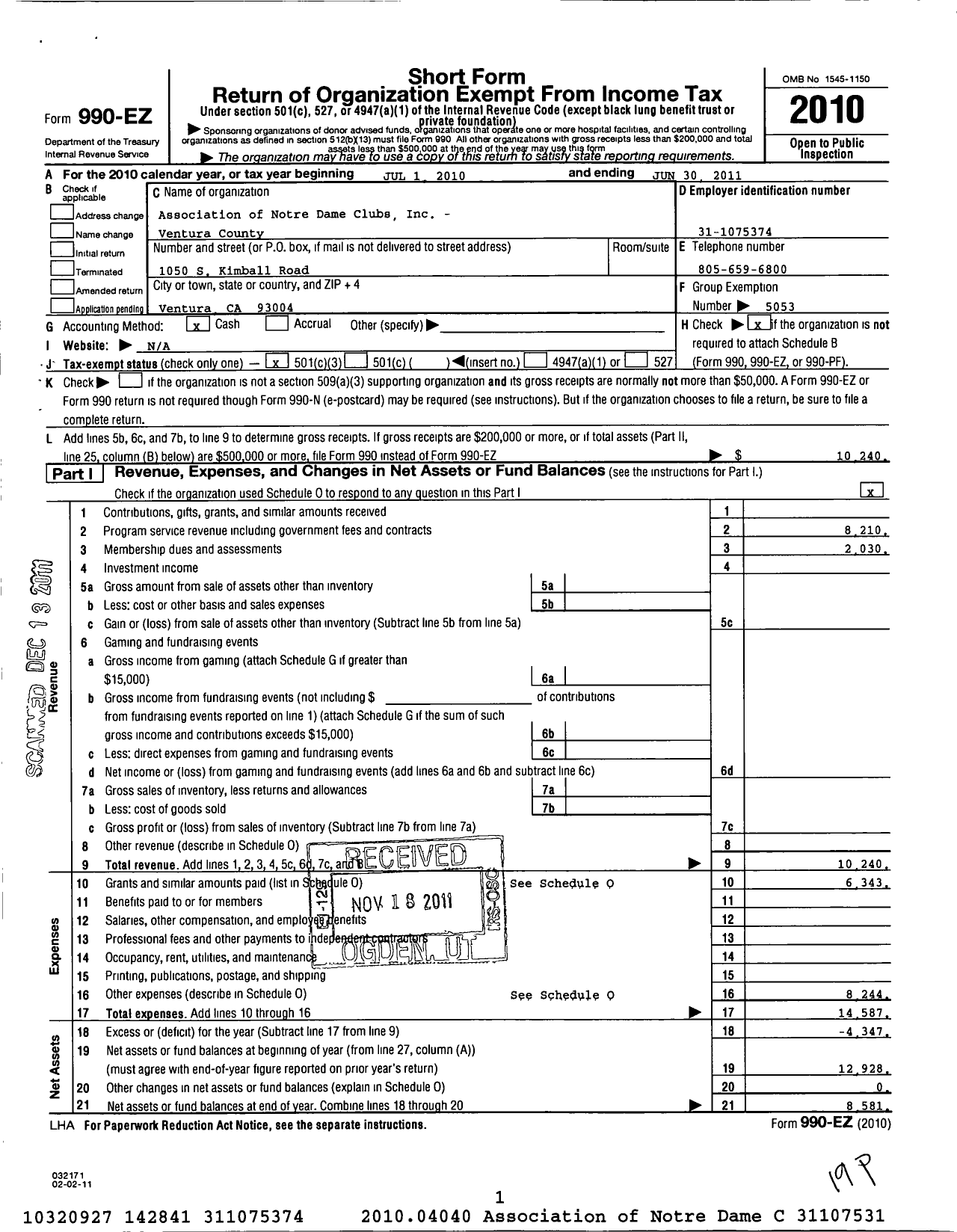 Image of first page of 2010 Form 990EZ for Association of Notre Dame Clubs Inc - Ventura County