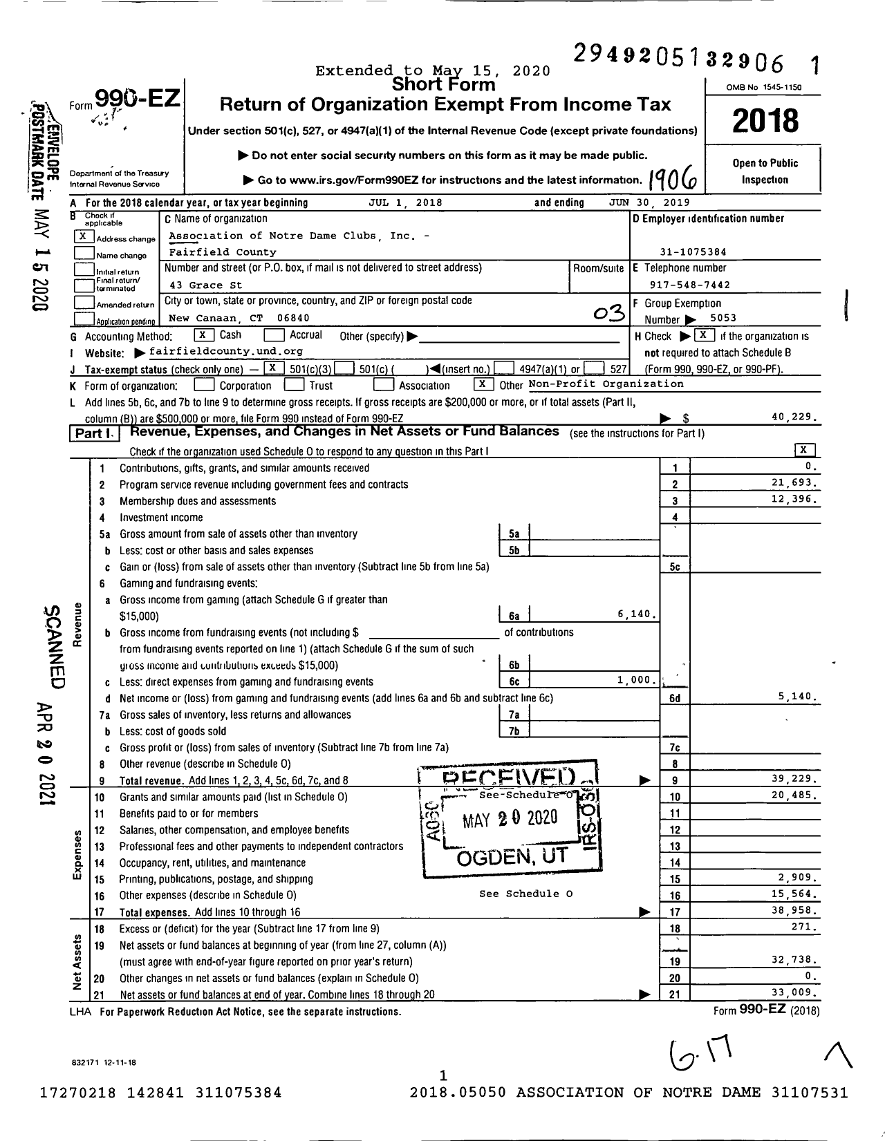 Image of first page of 2018 Form 990EZ for Association of Notre Dame Clubs - Fairfield County