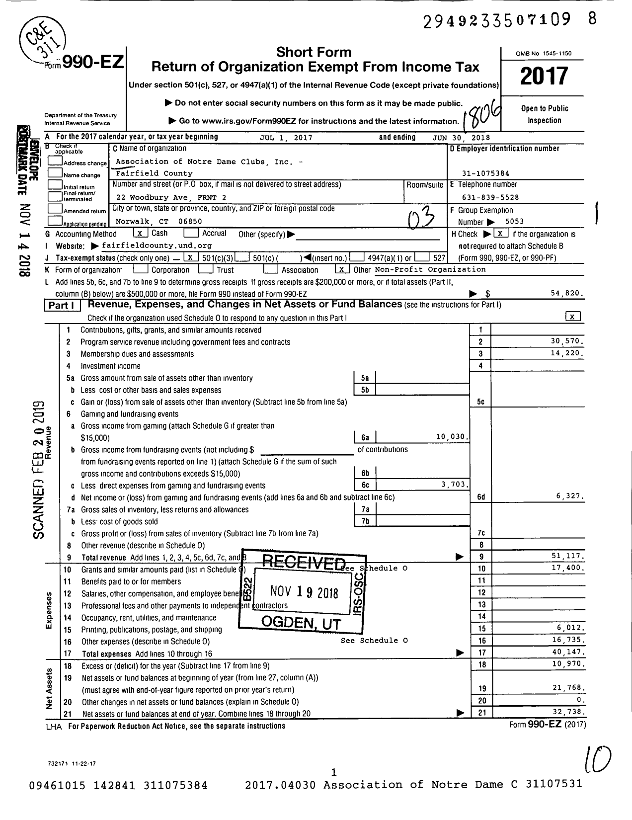 Image of first page of 2017 Form 990EZ for Association of Notre Dame Clubs - Fairfield County