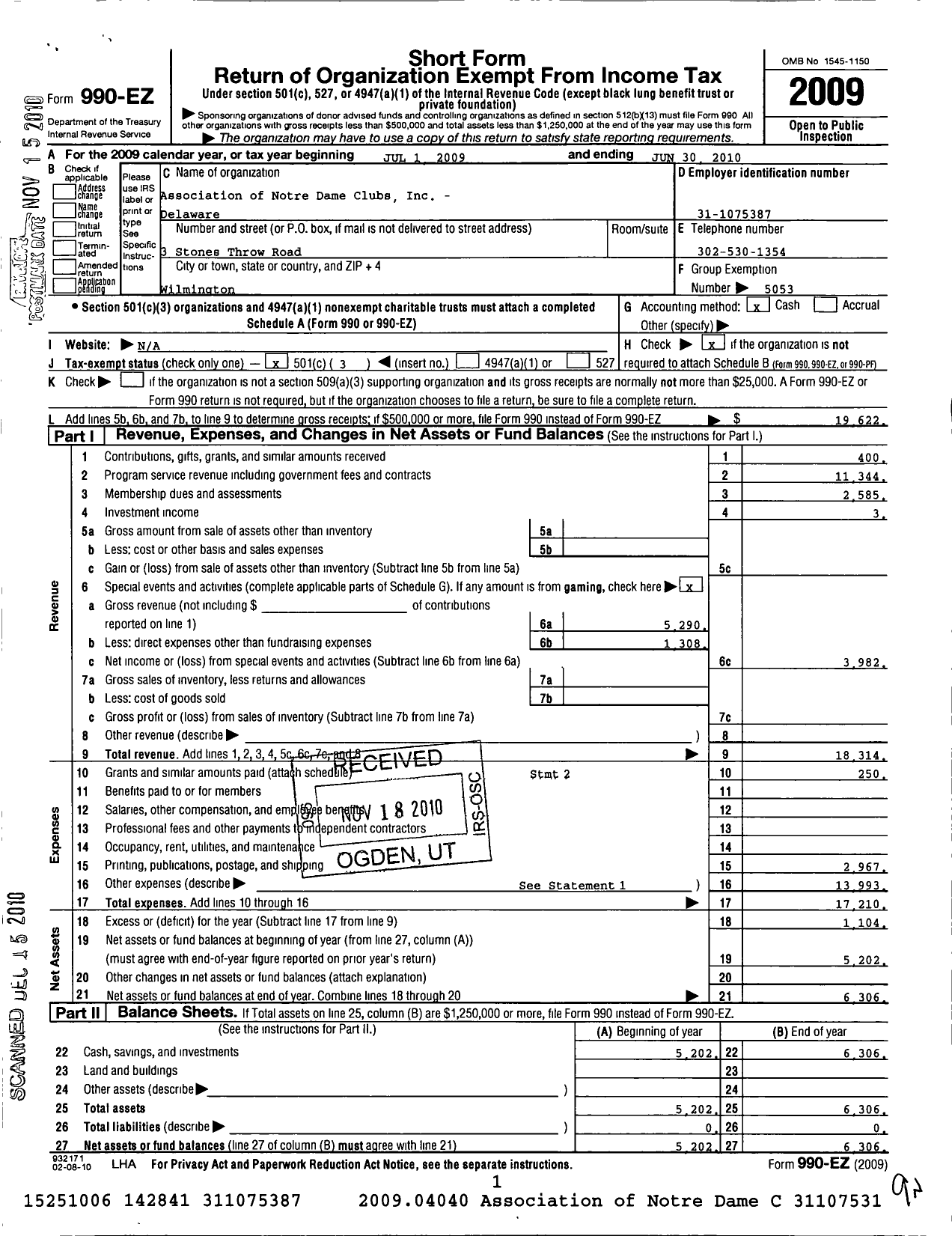 Image of first page of 2009 Form 990EZ for Association of Notre Dame Clubs Inc - Delaware