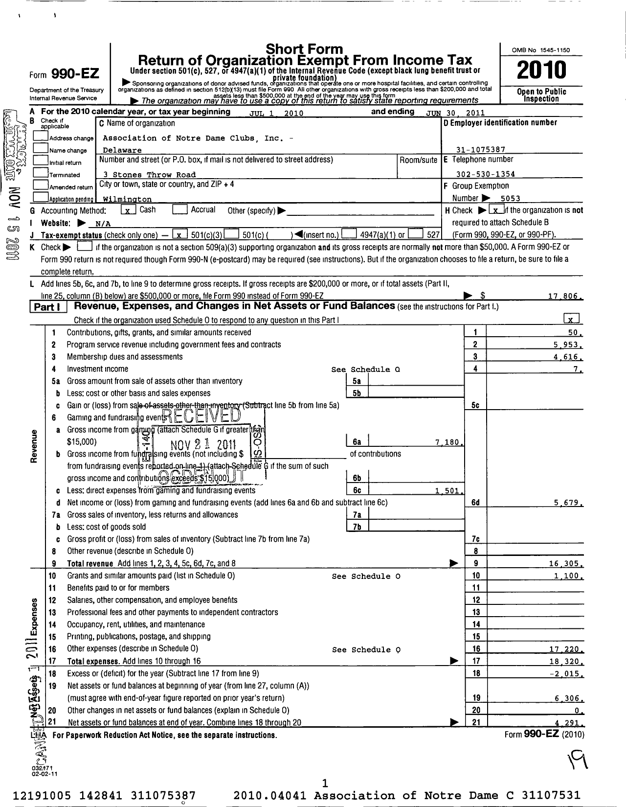 Image of first page of 2010 Form 990EZ for Association of Notre Dame Clubs Inc - Delaware