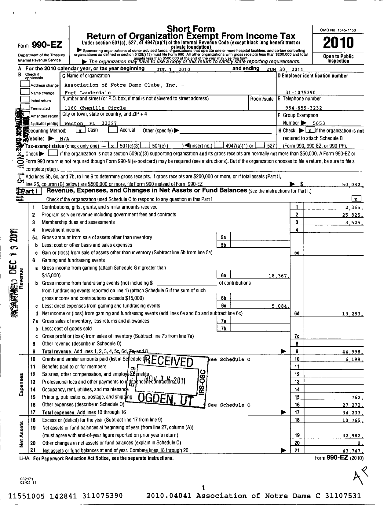 Image of first page of 2010 Form 990EZ for Association of Notre Dame Clubs Inc - Fort Lauderdale