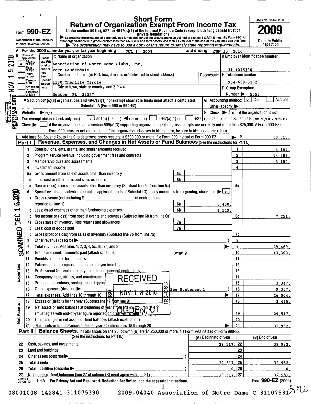 Image of first page of 2009 Form 990EZ for Association of Notre Dame Clubs Inc - Fort Lauderdale