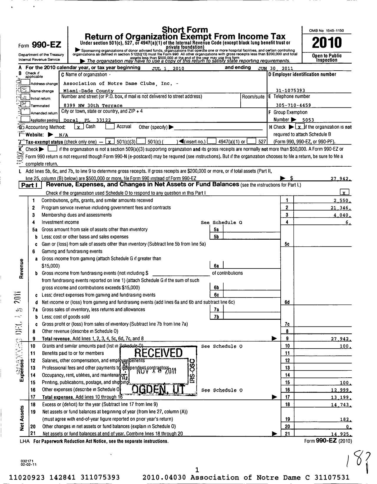 Image of first page of 2010 Form 990EZ for Association of Notre Dame Clubs Inc - Miami