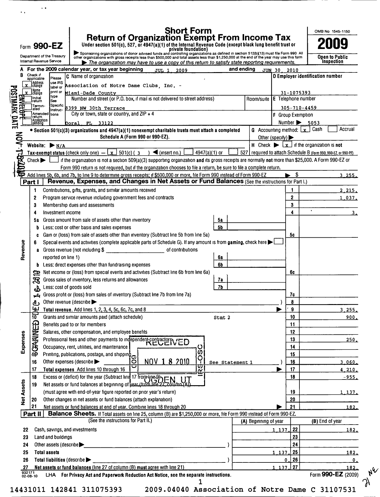 Image of first page of 2009 Form 990EZ for Association of Notre Dame Clubs Inc - Miami