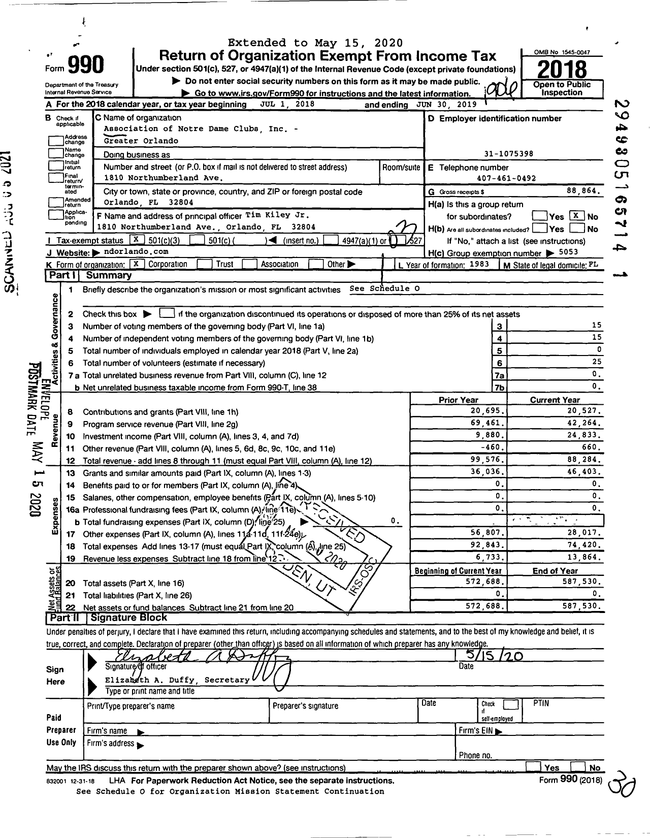 Image of first page of 2018 Form 990 for Notre Dame Club of Greater Orlando