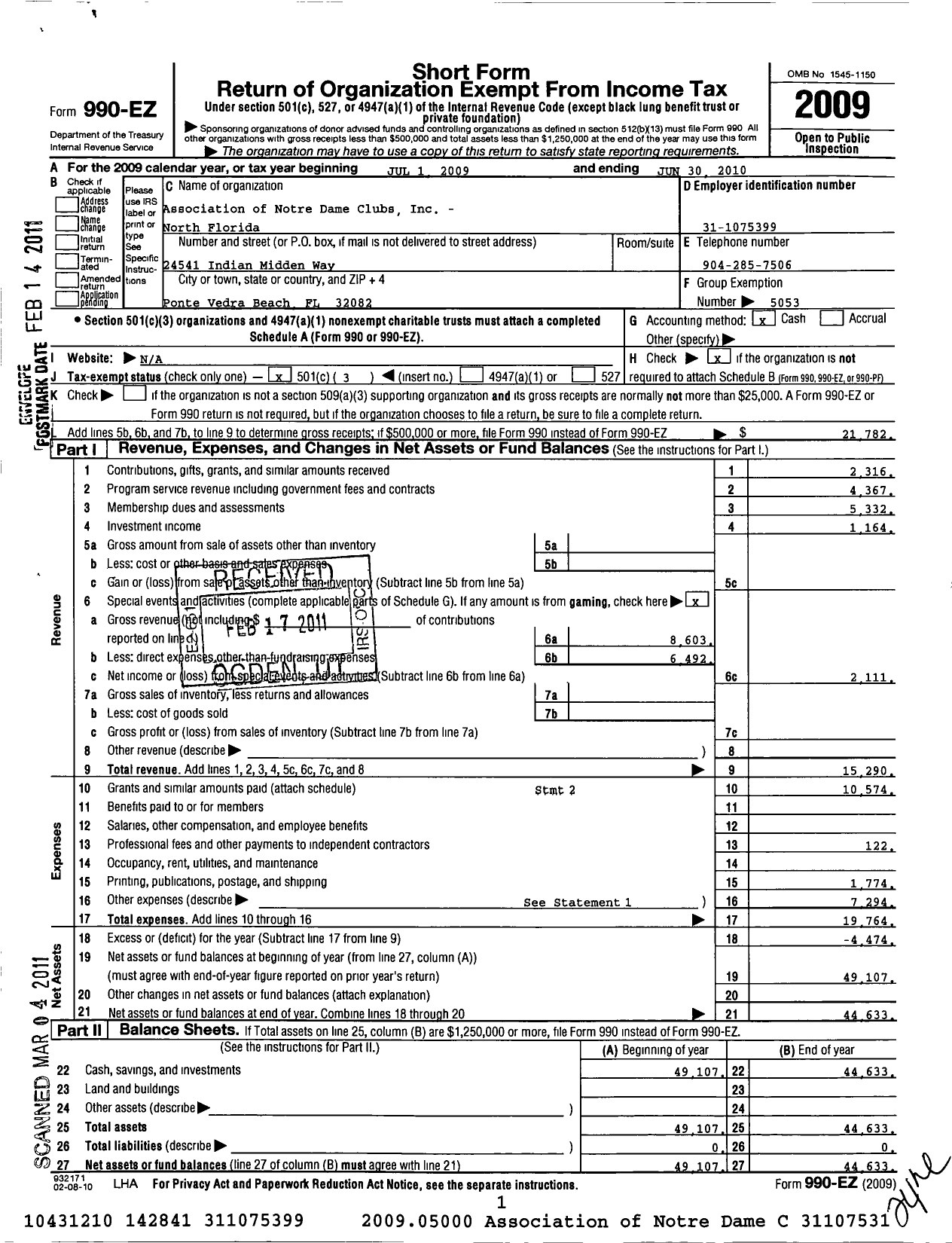 Image of first page of 2009 Form 990EZ for Association of Notre Dame Clubs Inc - Greater Jacksonville