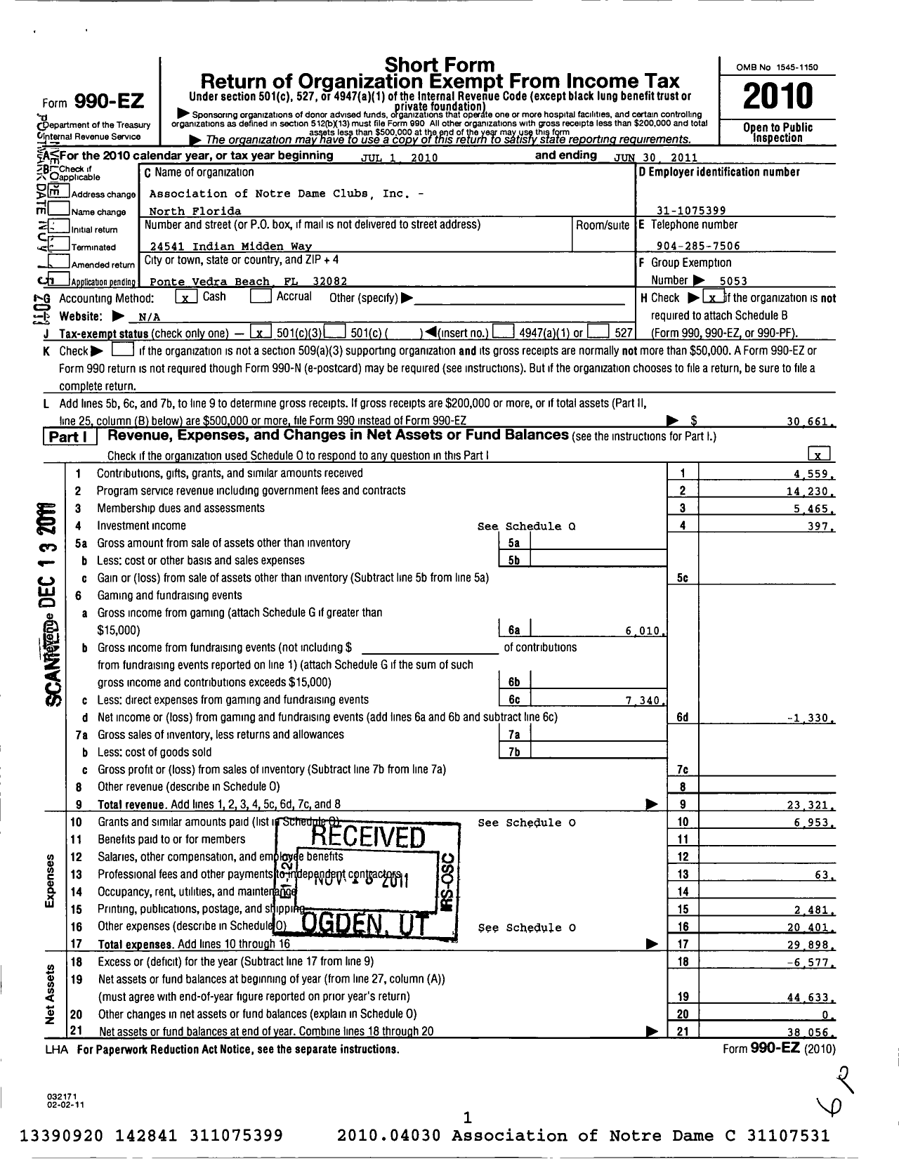 Image of first page of 2010 Form 990EZ for Association of Notre Dame Clubs Inc - Greater Jacksonville