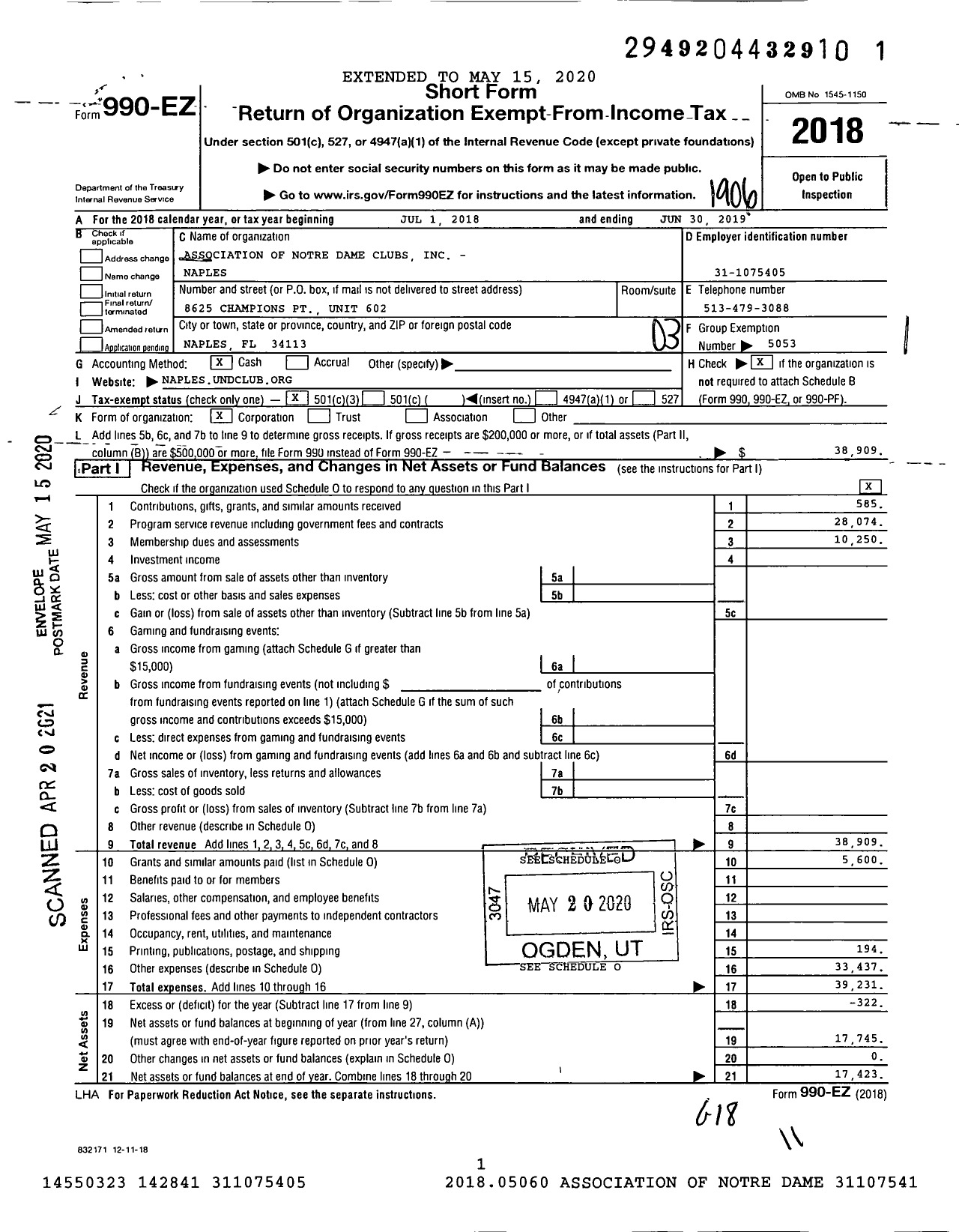 Image of first page of 2018 Form 990EZ for Association of Notre Dame Clubs - Naples