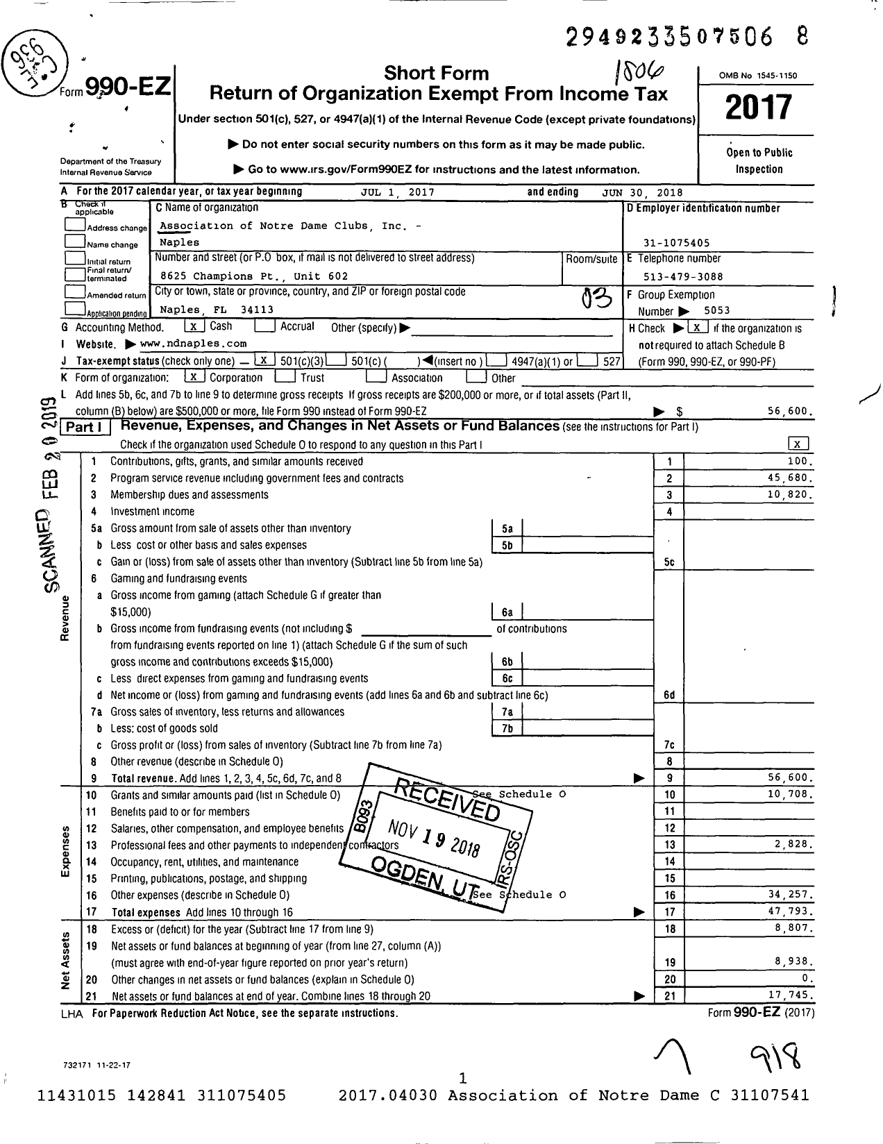 Image of first page of 2017 Form 990EZ for Association of Notre Dame Clubs - Naples