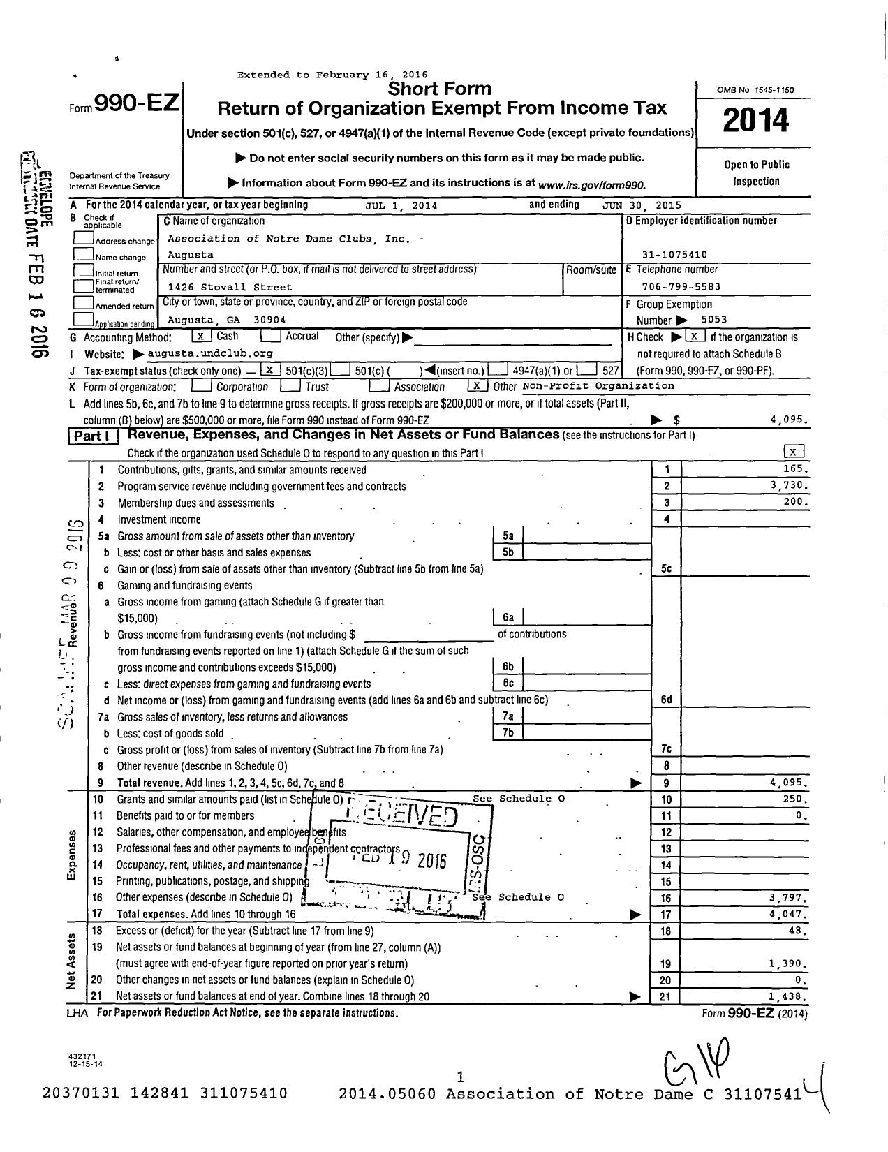 Image of first page of 2014 Form 990EZ for Association of Notre Dame Clubs Inc - Augusta