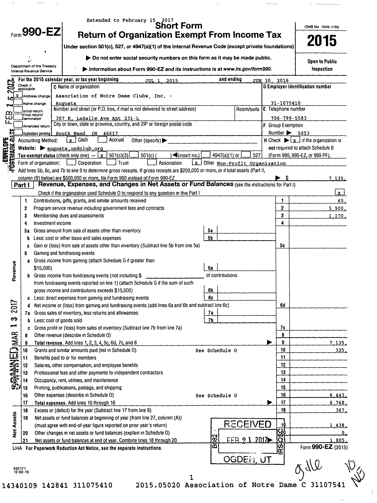 Image of first page of 2015 Form 990EZ for Association of Notre Dame Clubs Inc - Augusta