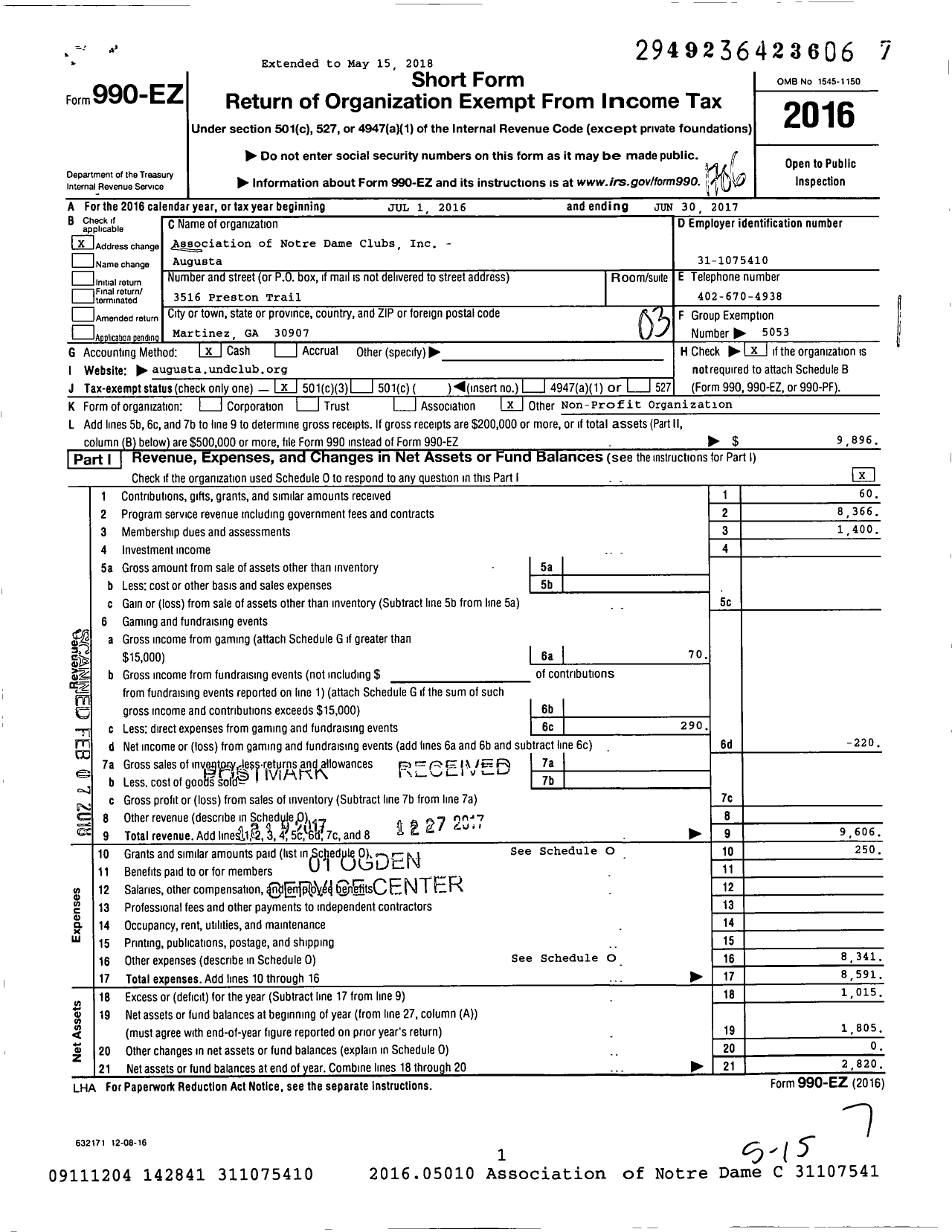 Image of first page of 2016 Form 990EZ for Association of Notre Dame Clubs Inc - Augusta