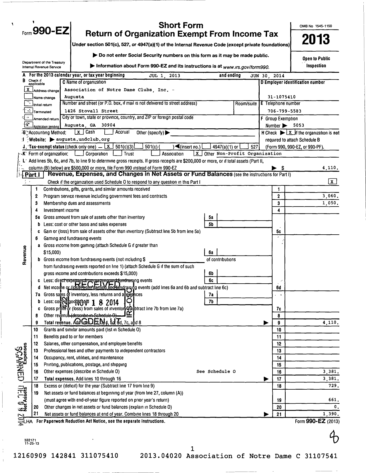 Image of first page of 2013 Form 990EZ for Association of Notre Dame Clubs Inc - Augusta