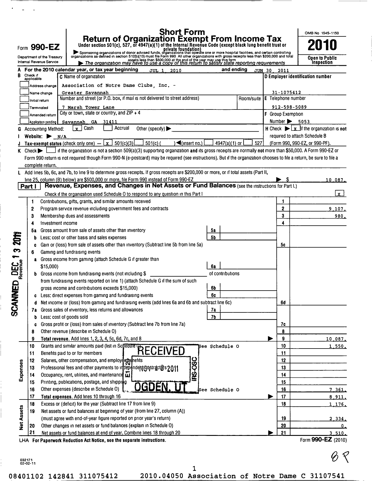 Image of first page of 2010 Form 990EZ for Association of Notre Dame Clubs Inc - Savannah