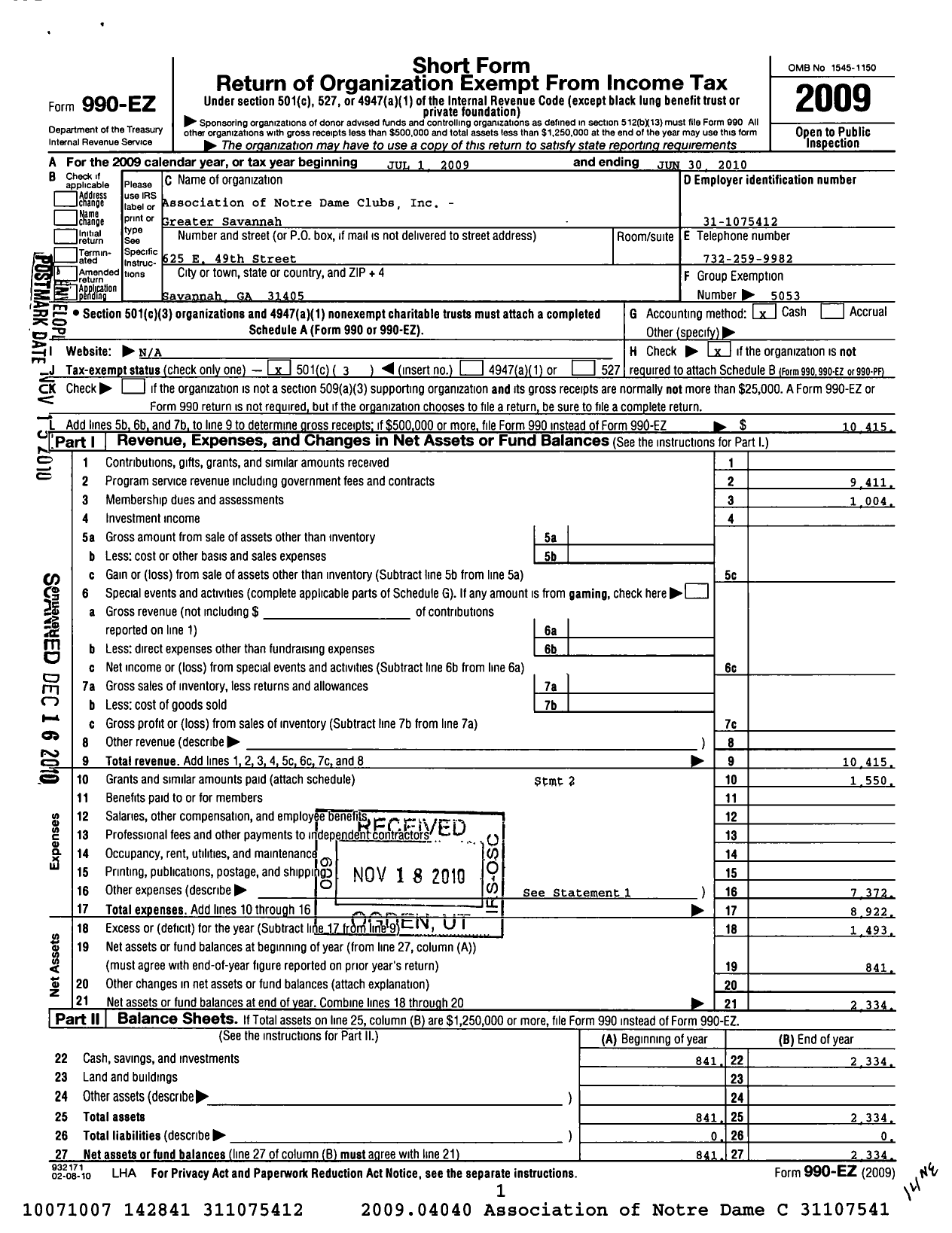 Image of first page of 2009 Form 990EZ for Association of Notre Dame Clubs Inc - Savannah