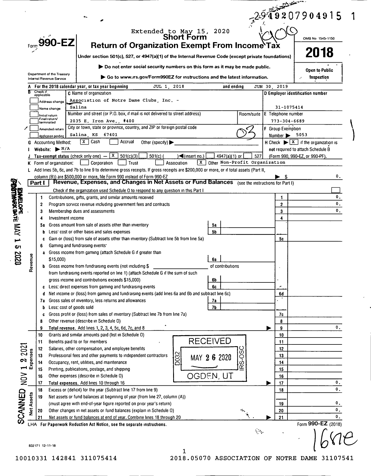 Image of first page of 2018 Form 990EZ for Association of Notre Dame Clubs - Salina