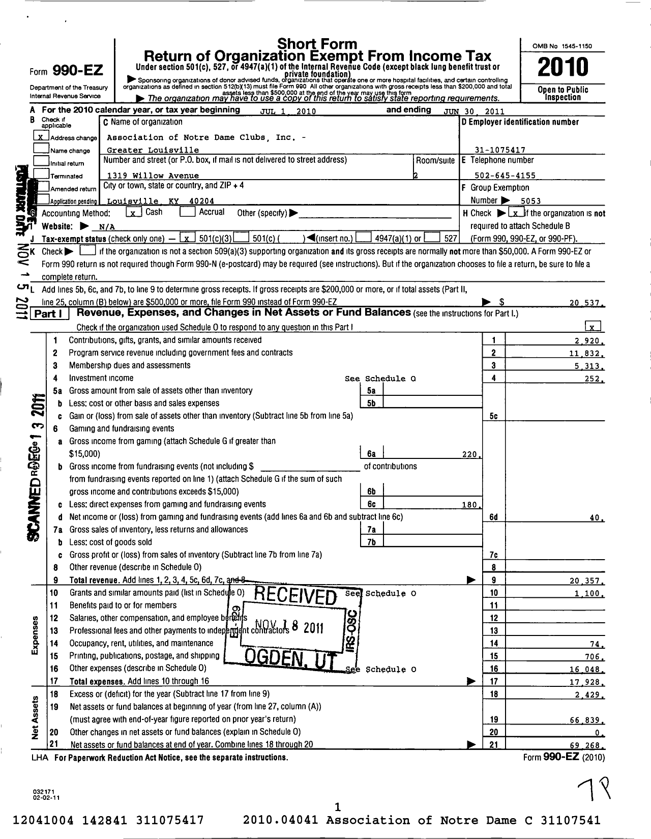 Image of first page of 2010 Form 990EZ for Association of Notre Dame Clubs Inc - Greater Louisville