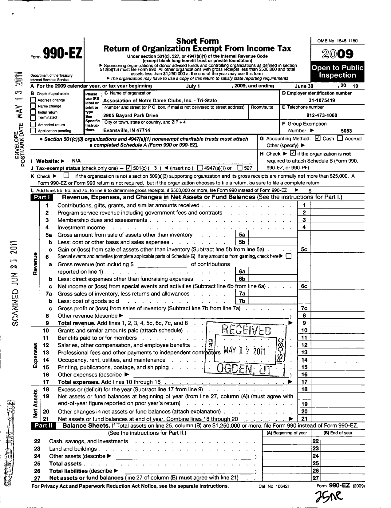 Image of first page of 2009 Form 990EZ for Association of Notre Dame Clubs Inc - Inc-Tri-State