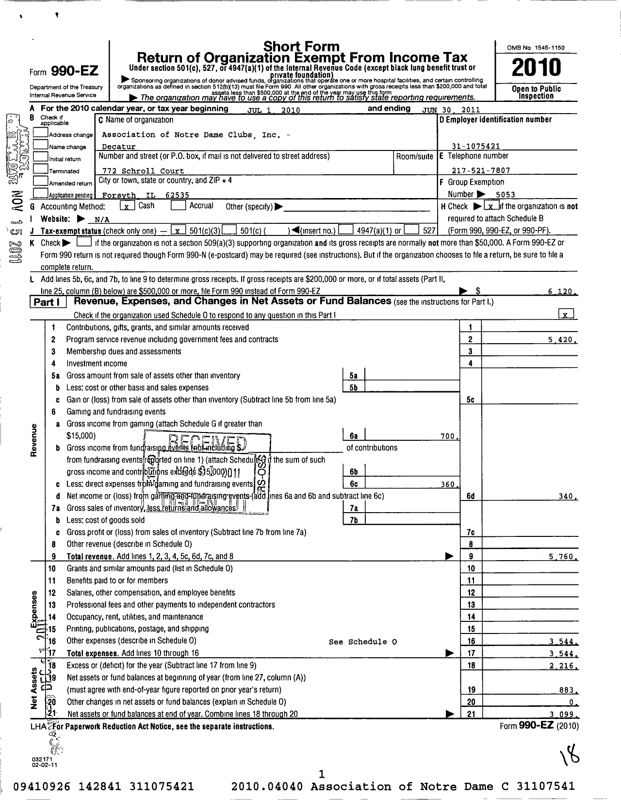 Image of first page of 2010 Form 990EZ for Association of Notre Dame Clubs Inc - Decatur