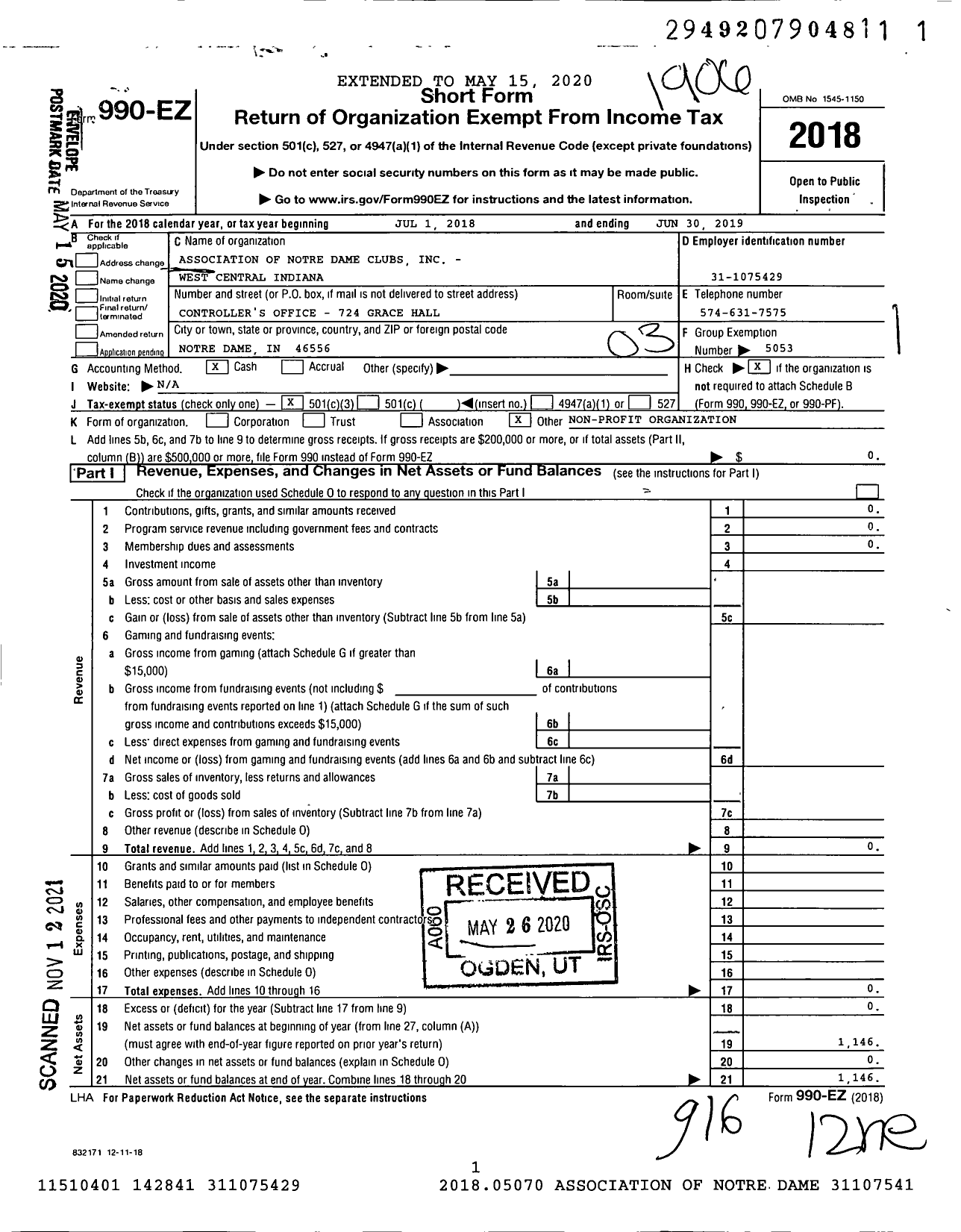 Image of first page of 2018 Form 990EZ for Association of Notre Dame Clubs - West Central Indiana