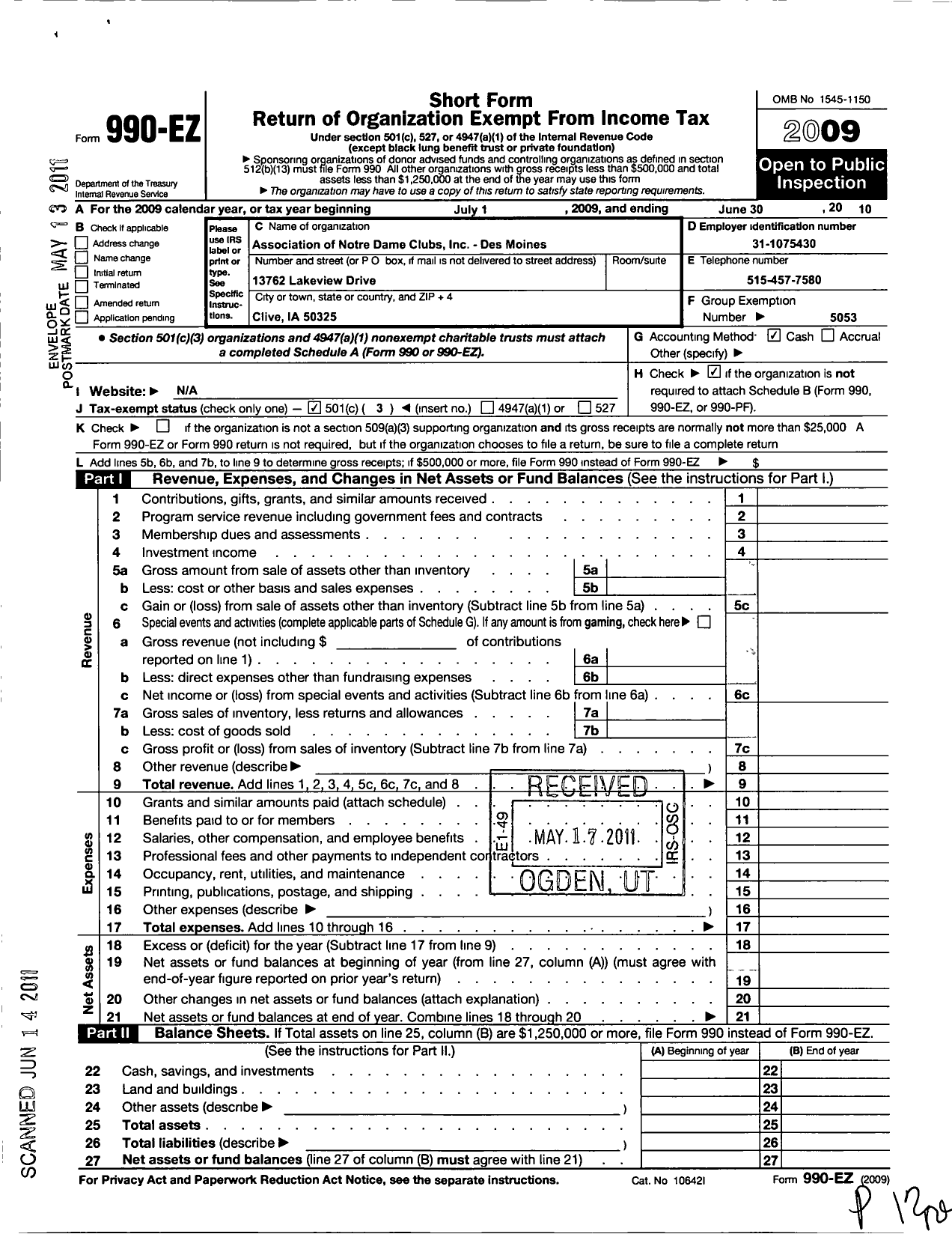 Image of first page of 2009 Form 990EZ for Association of Notre Dame Clubs Inc - Des Moines