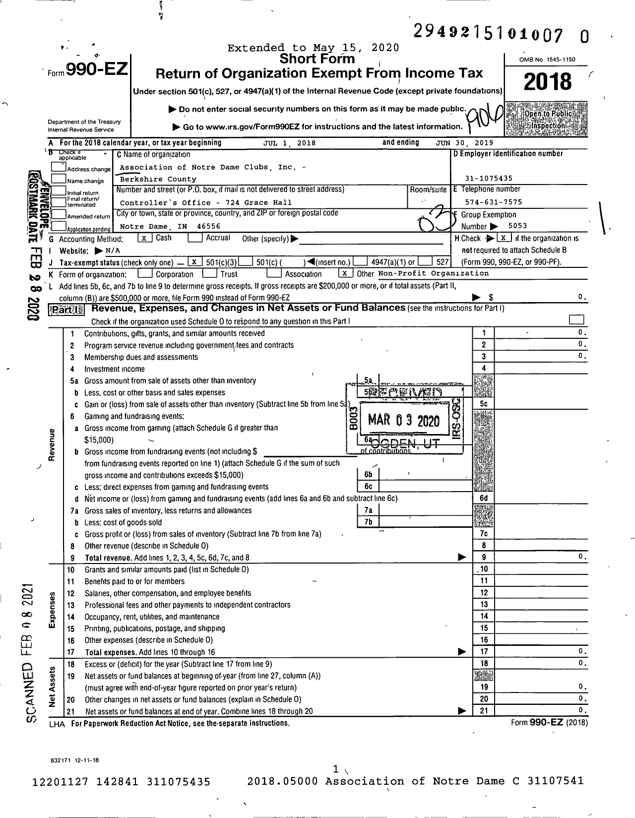 Image of first page of 2018 Form 990EZ for Association of Notre Dame Clubs Inc - Berkshire County