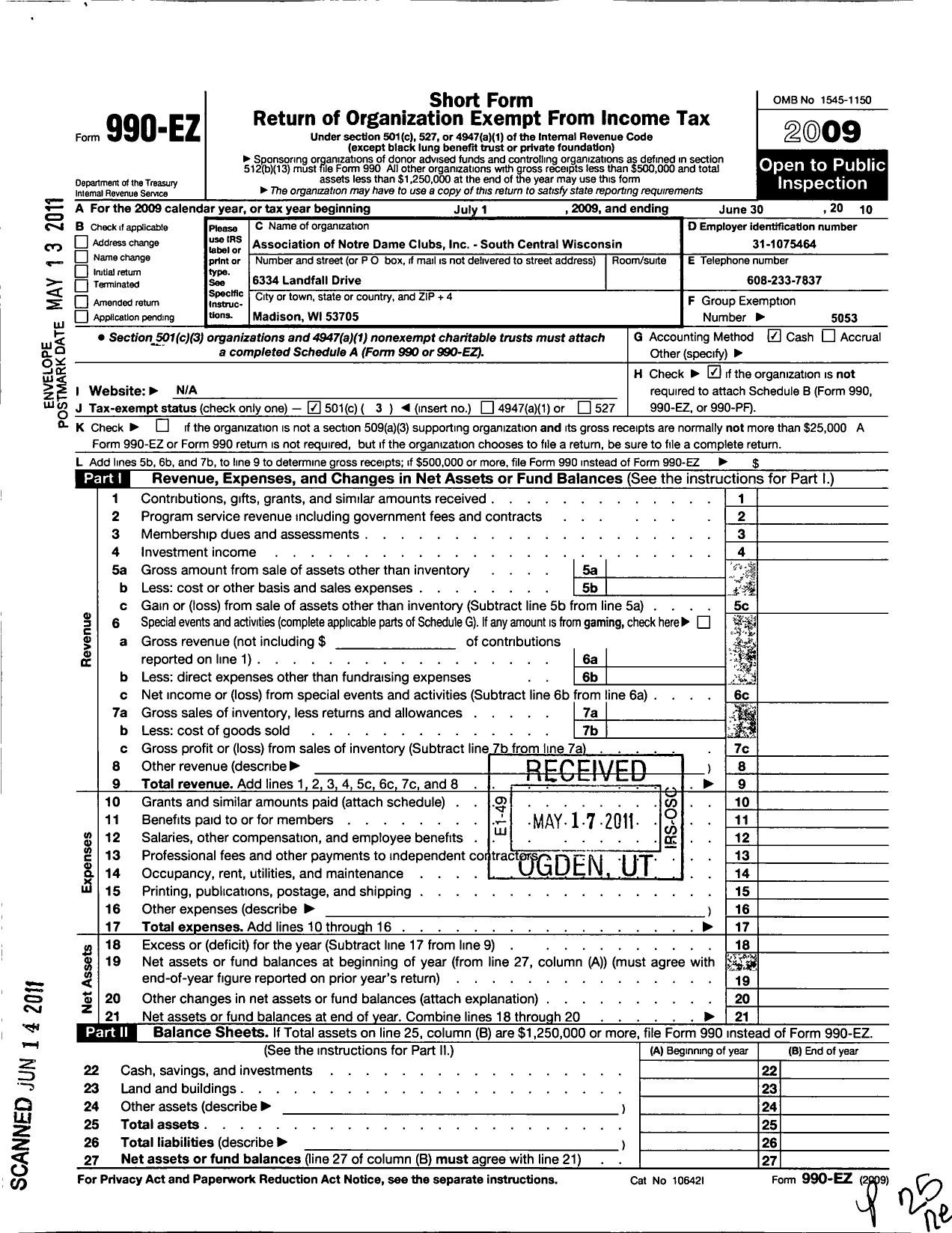 Image of first page of 2009 Form 990EZ for Association of Notre Dame Clubs Inc - Madison