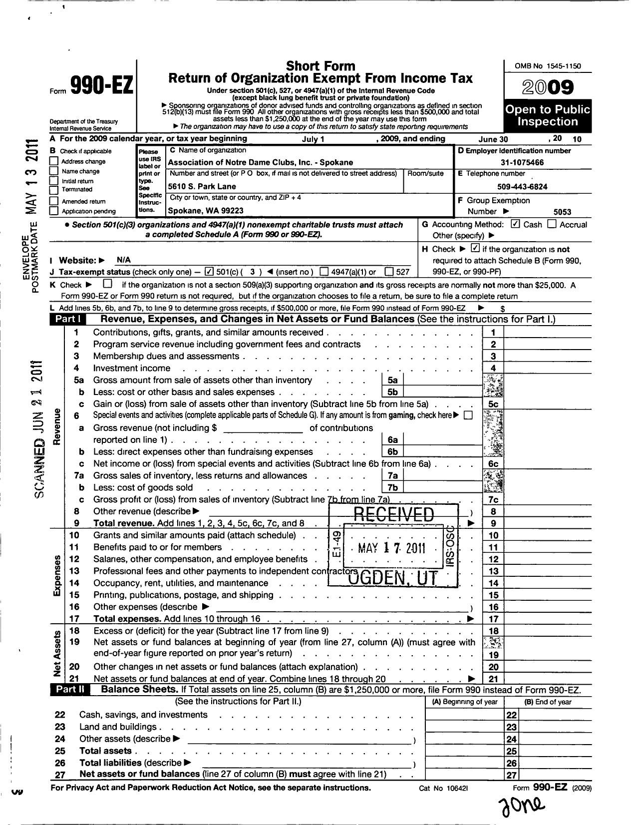 Image of first page of 2009 Form 990EZ for Association of Notre Dame Clubs Inc - Spokane