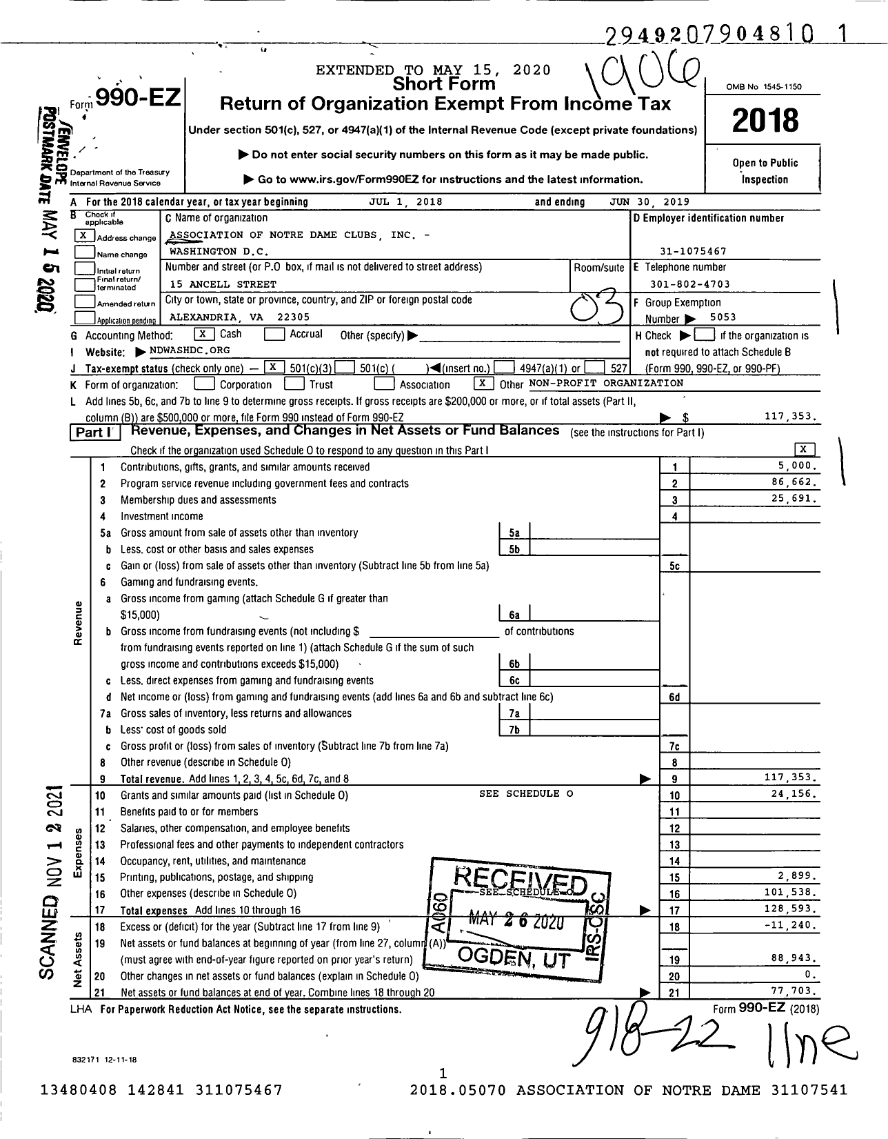 Image of first page of 2018 Form 990EZ for Association of Notre Dame Clubs - Washington DC