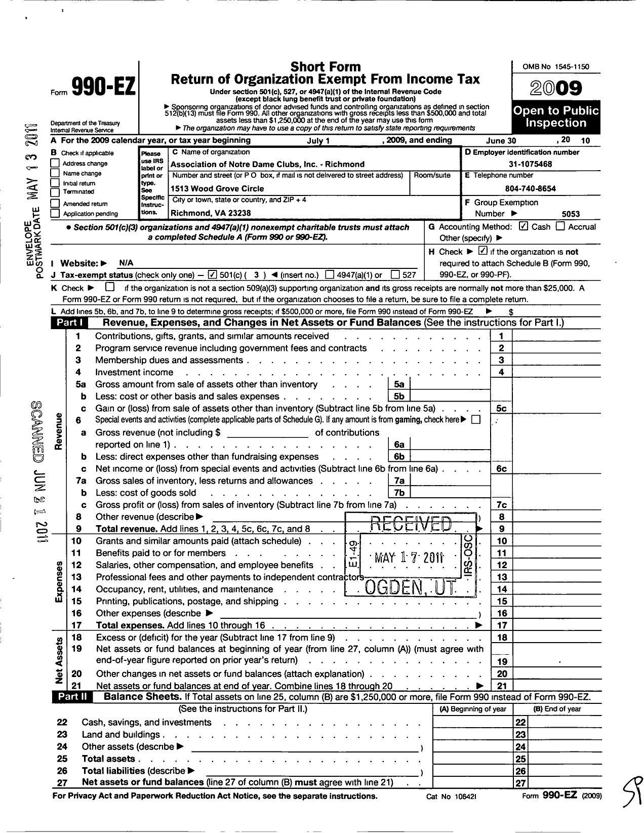 Image of first page of 2009 Form 990EZ for Association of Notre Dame Clubs Inc - Richmond