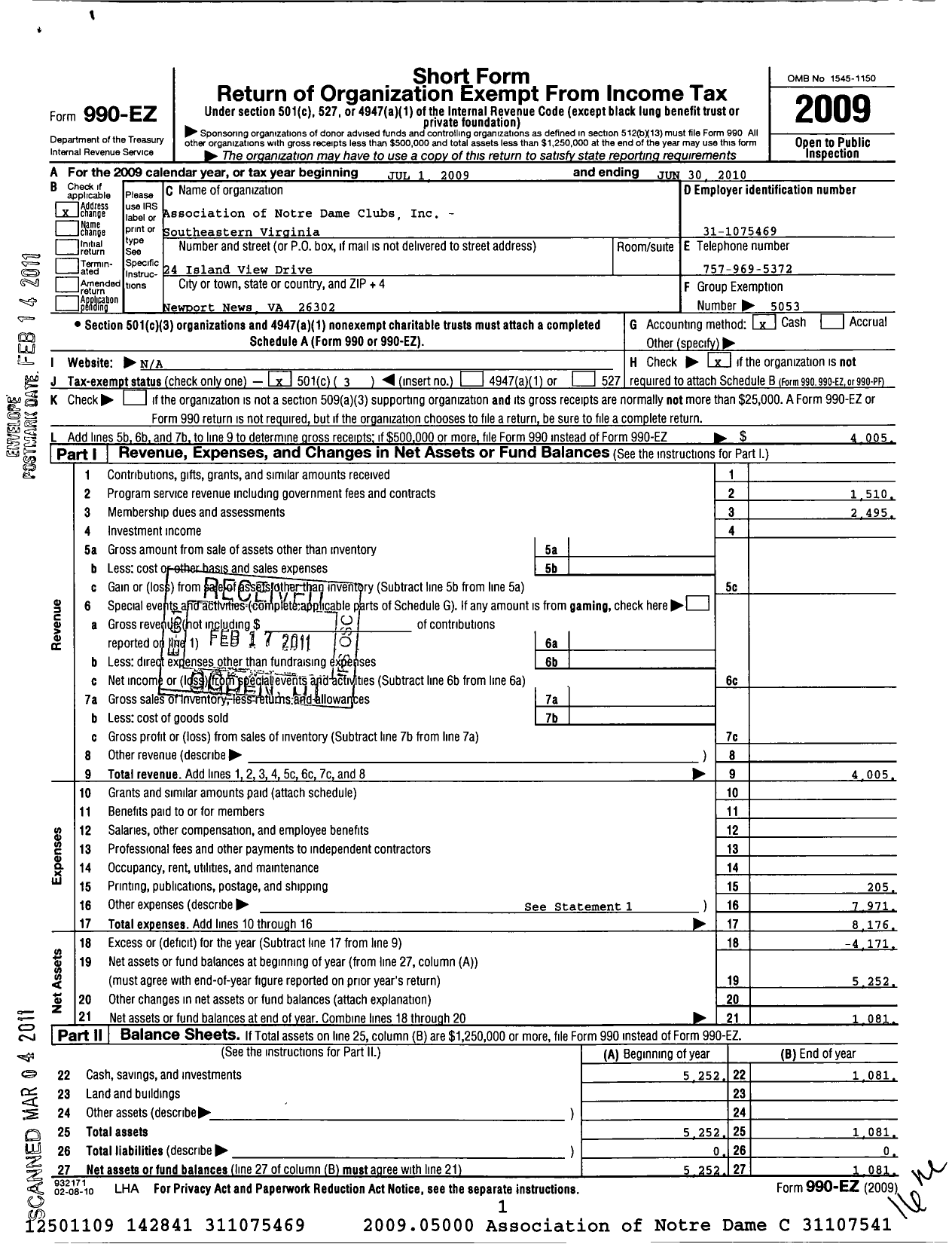 Image of first page of 2009 Form 990EZ for Association of Notre Dame Clubs Inc - Southeastern Virginia