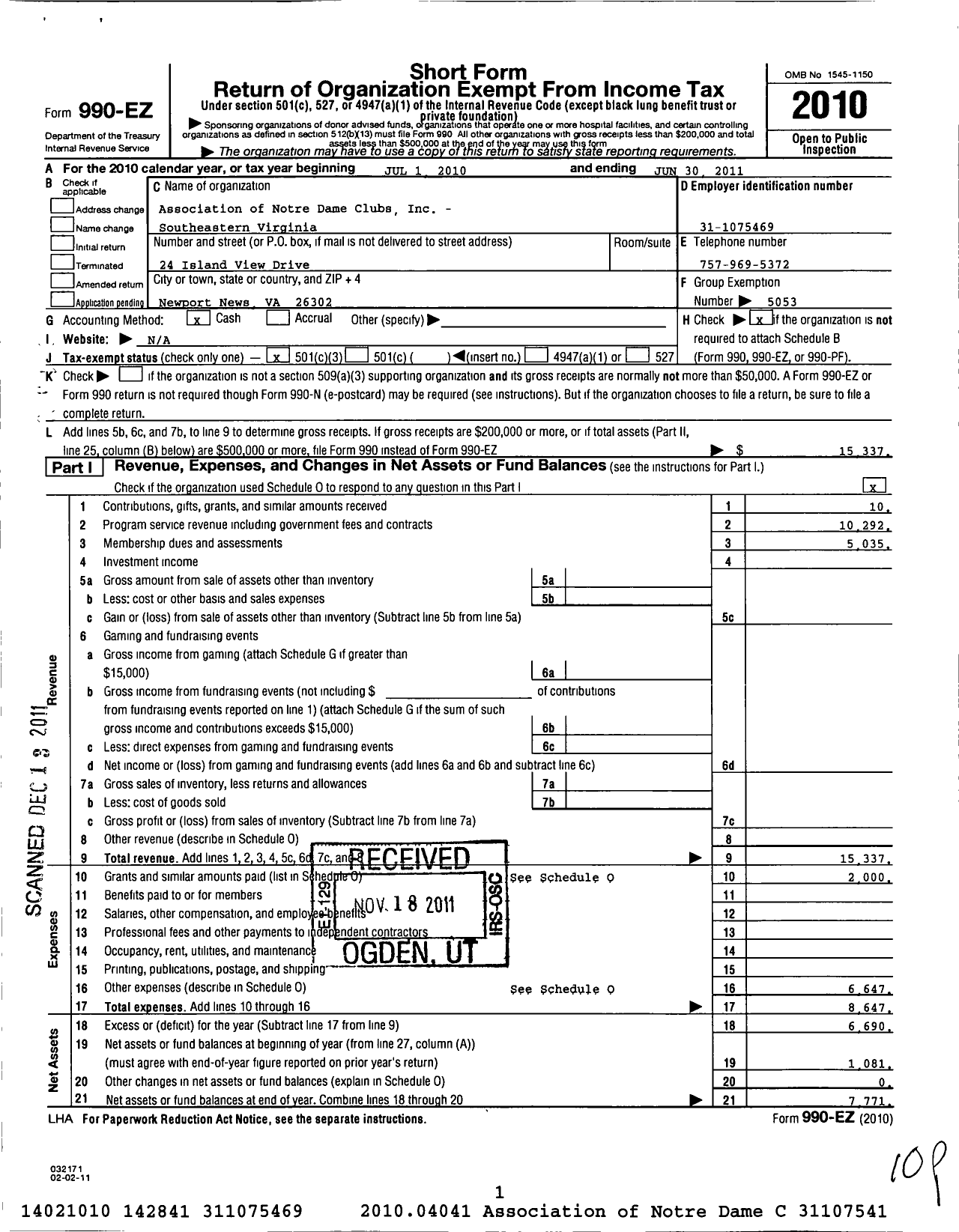 Image of first page of 2010 Form 990EZ for Association of Notre Dame Clubs Inc - Southeastern Virginia