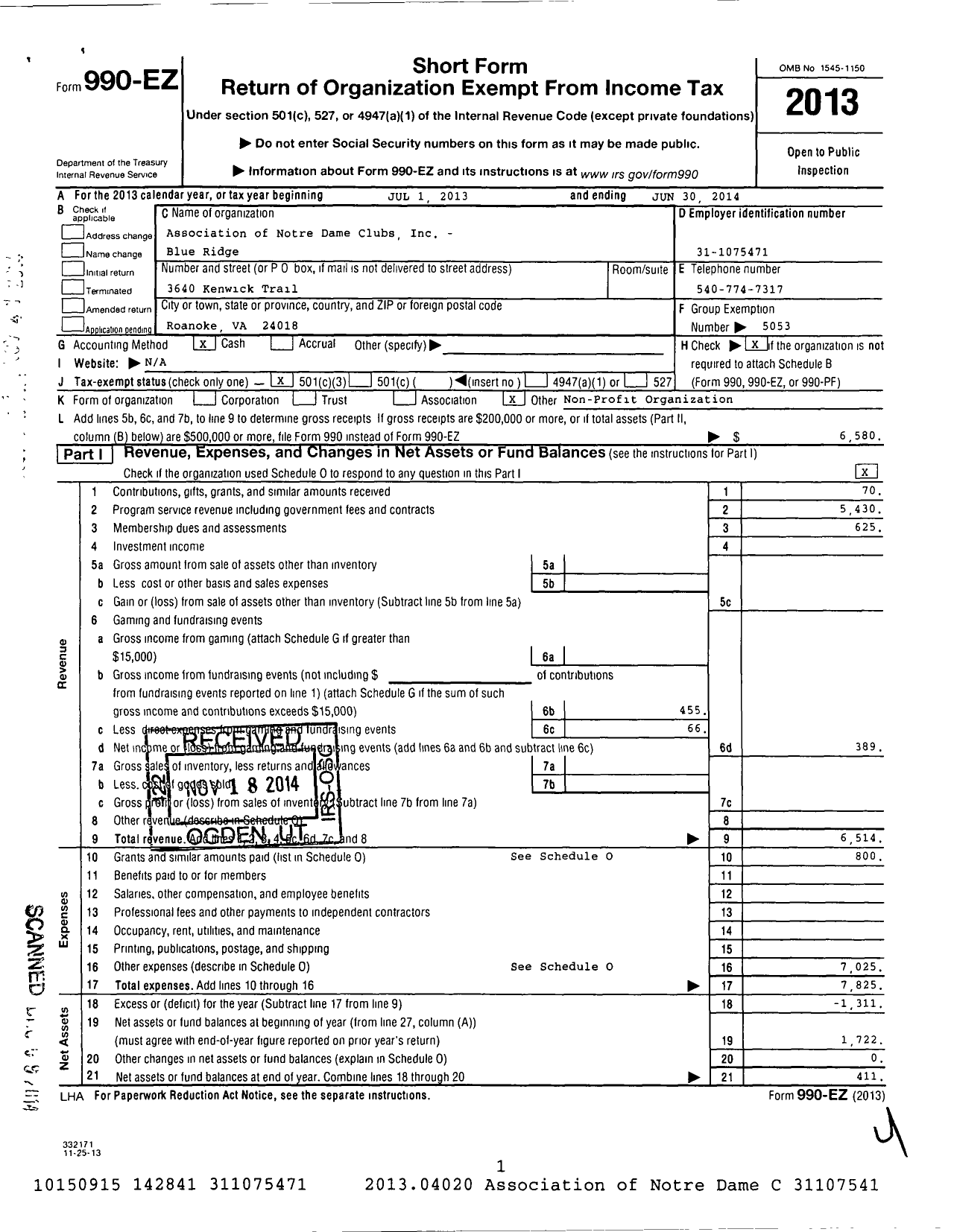 Image of first page of 2013 Form 990EZ for Association of Notre Dame Clubs Inc - Blue Ridge